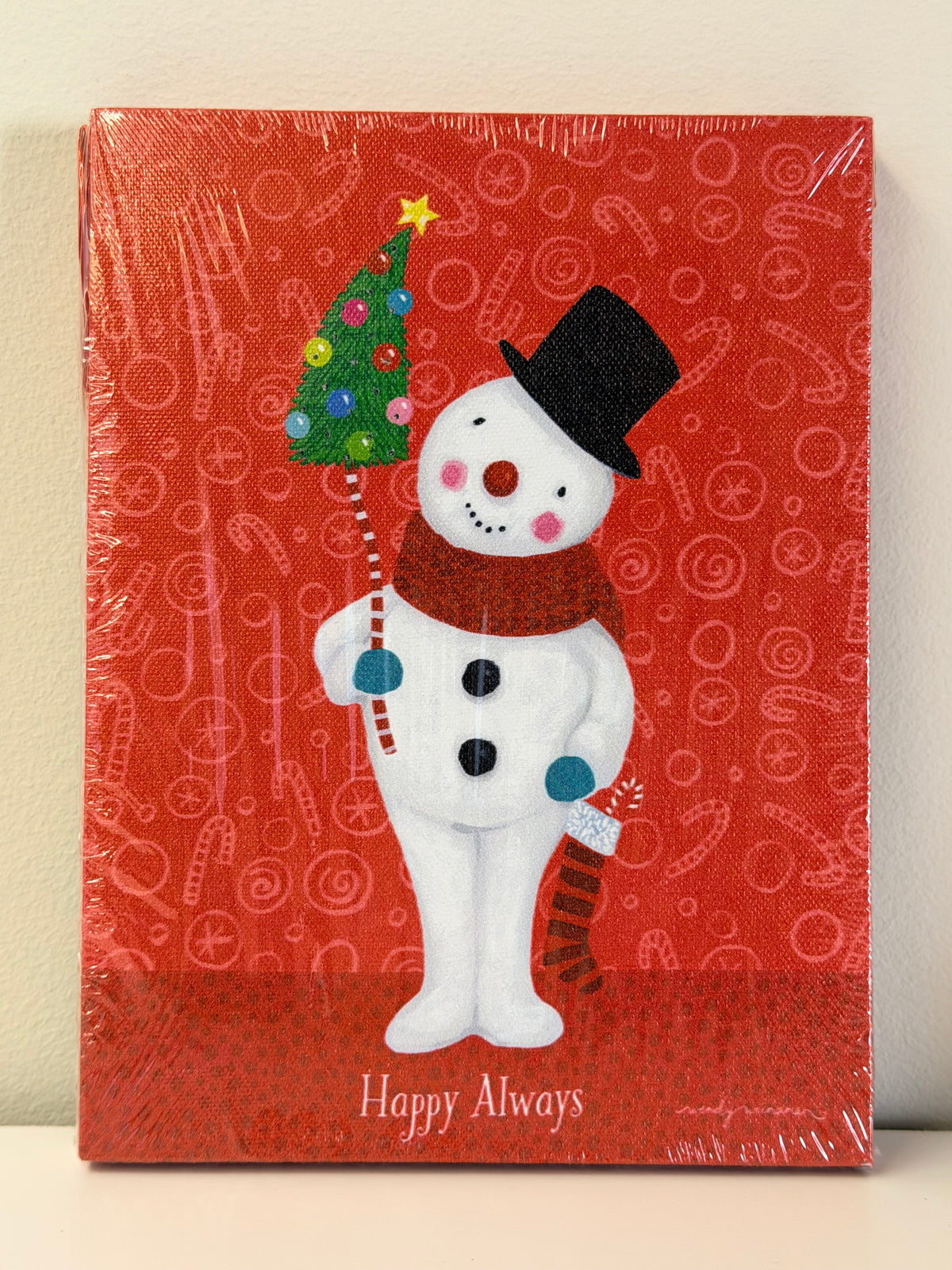 Light-Up Wendy Wiinanen "Happy Always" Red Snowman Stretched Canvas Wall Art