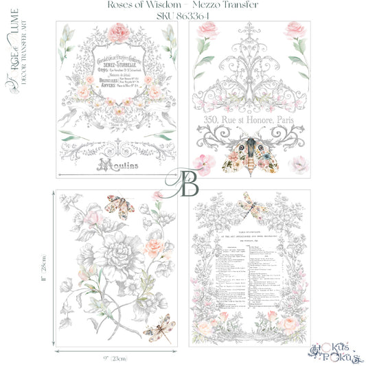 NEW Hokus Pokus; Roses Of Wisdom – Mezzo (Medium) Transfer – 4 x Sheets, Forge & Blume