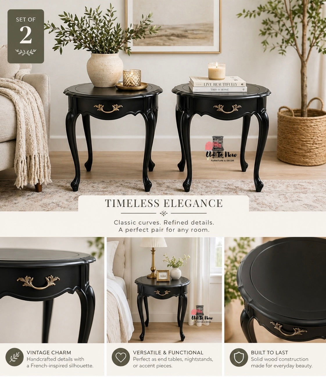 Beautiful Elegant Oval French Provincial End Tables Painted Coal Black from Fusion Mineral Paint