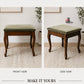 Wooden stool with green cushioned top shown from front and side views on a neutral background.