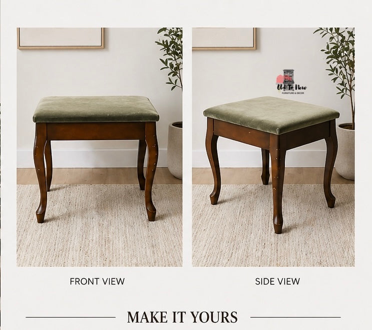 Wooden stool with green cushioned top shown from front and side views on a neutral background.