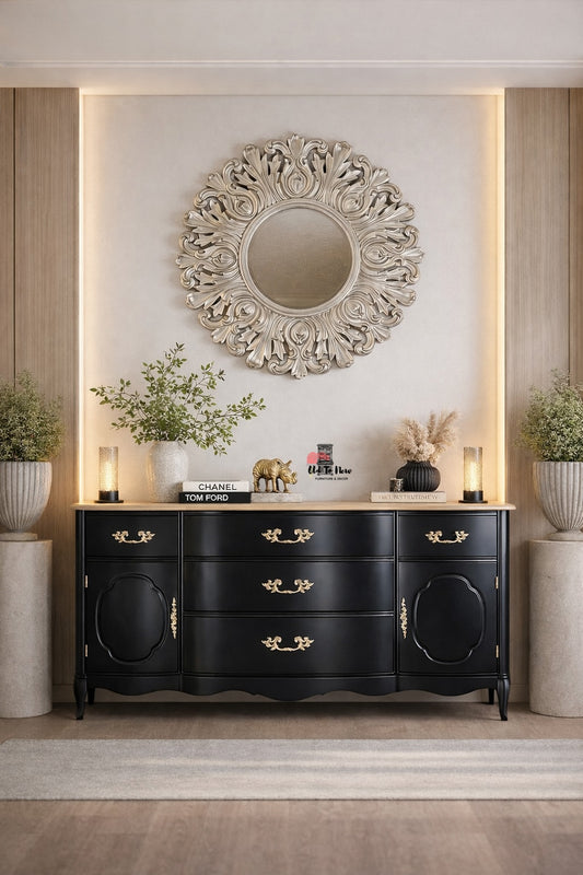 Pending; Refinished Vintage Black Sideboard with Gold Hardware | Elegant Storage Cabinet