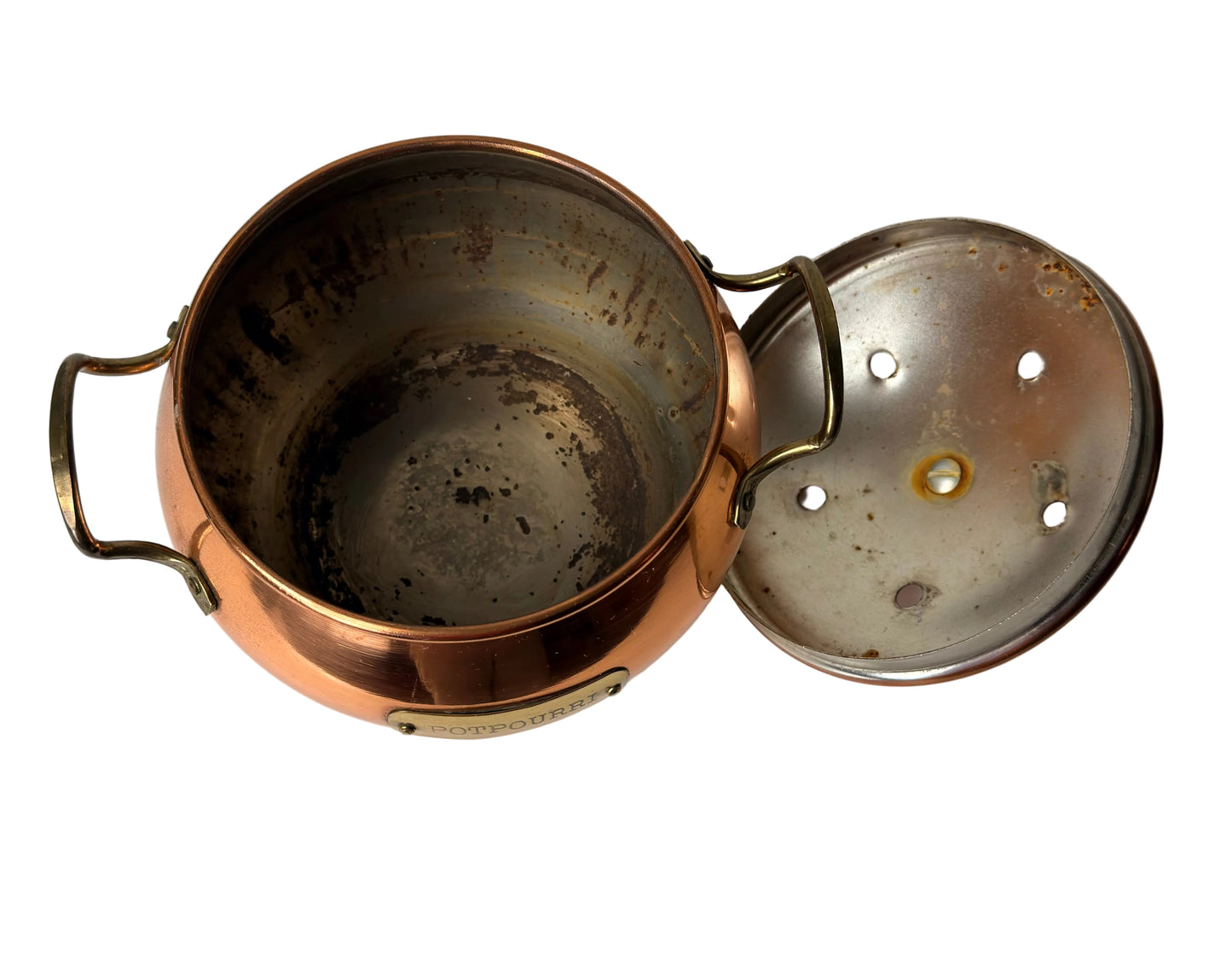 Vintage Copper Potpourri Pot With Brass Handles and Vented Lid