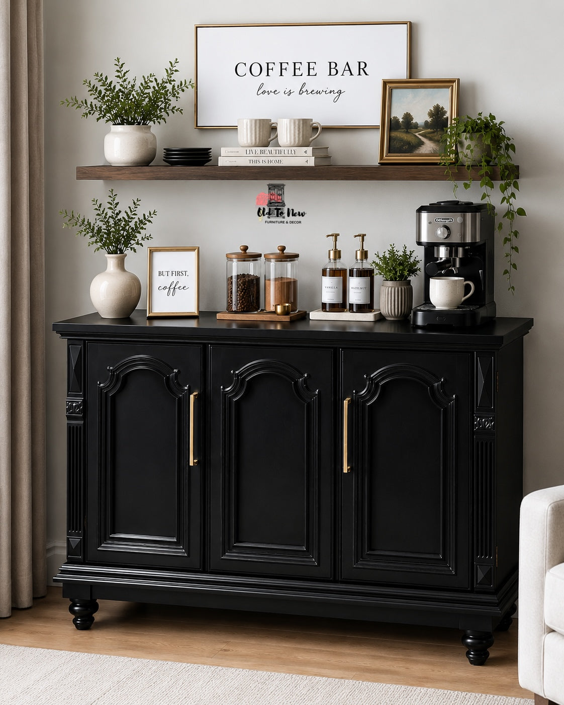 Restyled Vintage Black Sideboard with Gold Hardware | Elegant Storage Cabinet