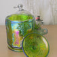 Vintage Indiana Glass Iridescent Green Harvest Grape Carnival Canister Jar with a lid; Old to New Furniture & Decor
