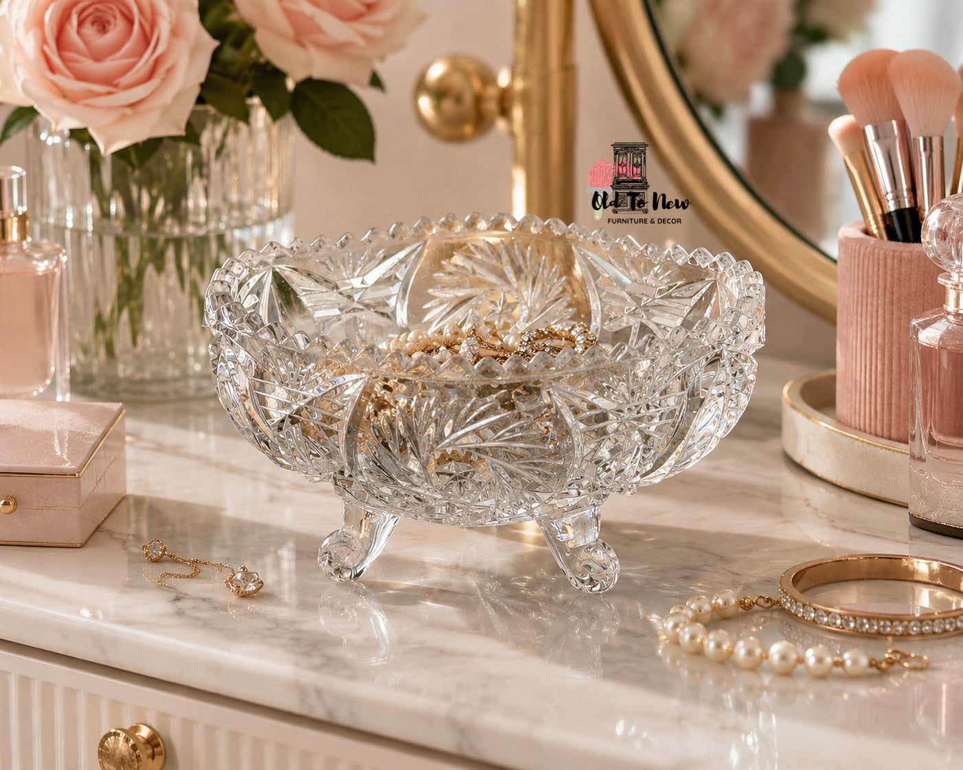 Elegant Vintage Crystal Footed Jewelry & Vanity Bowl