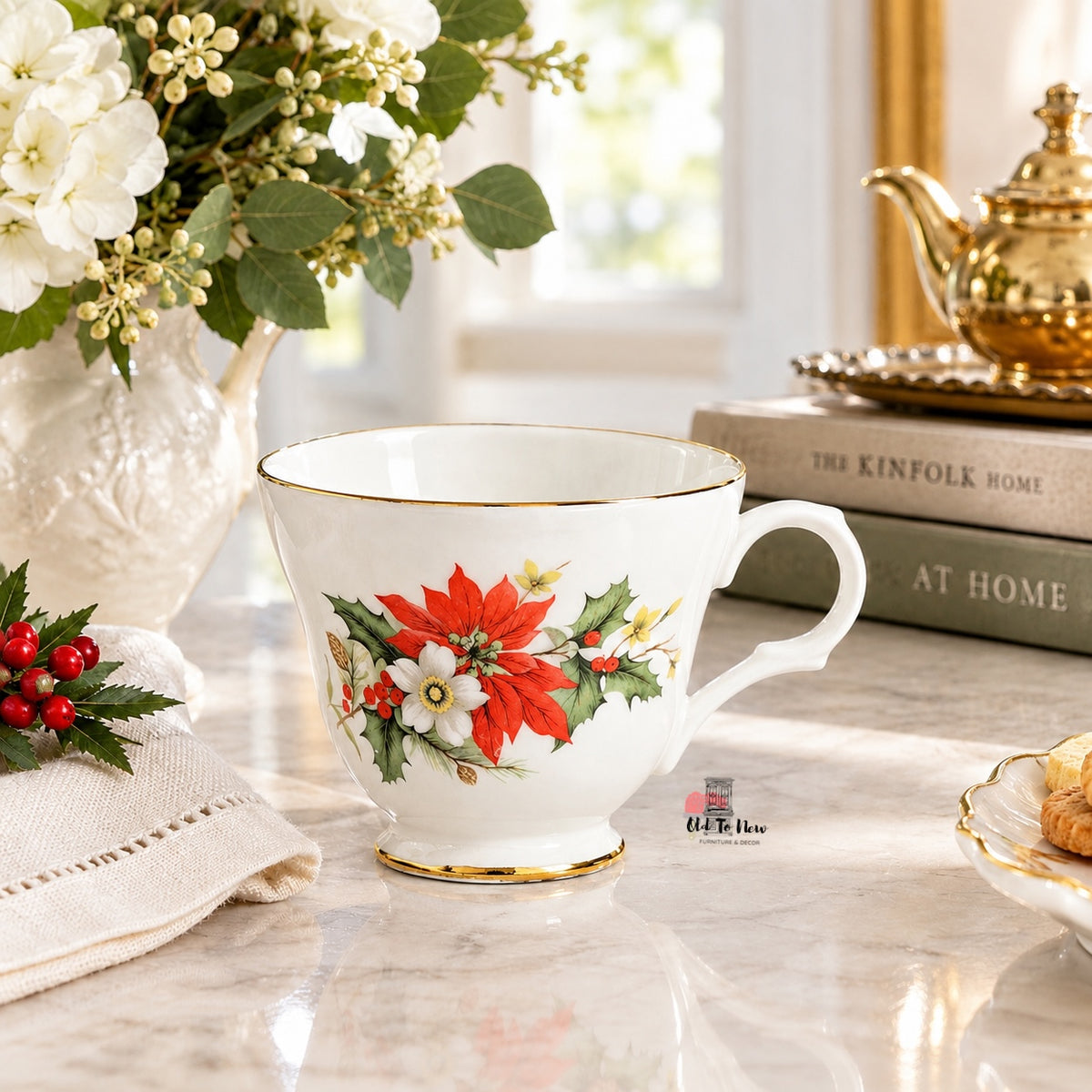 Vintage Sadler Wellington Bone China Tea Cup – Christmas Poinsettia & Holly Floral Design