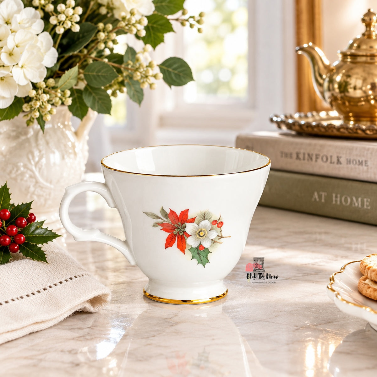 Vintage Sadler Wellington Bone China Tea Cup – Christmas Poinsettia & Holly Floral Design
