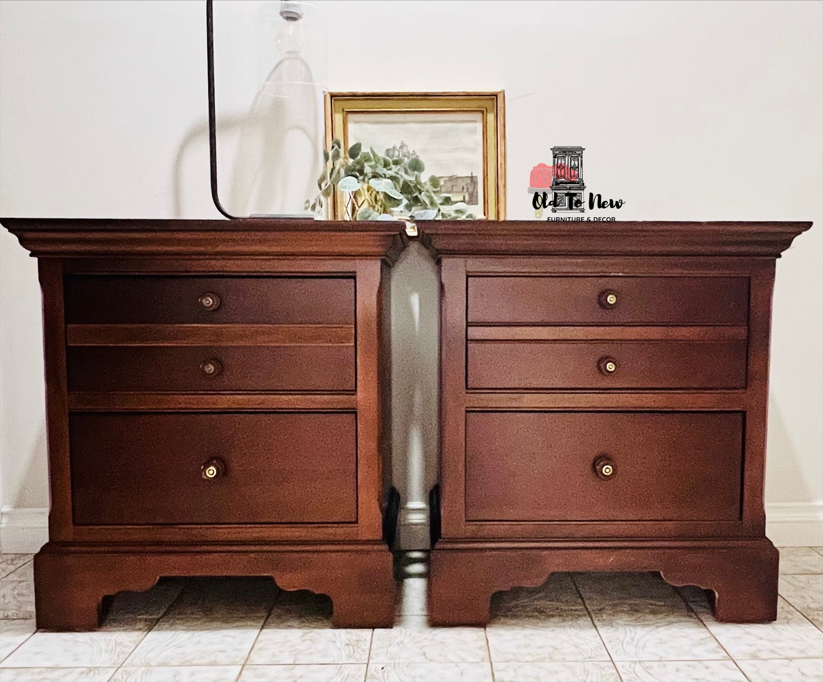 Wooden Bedside Tables with three drawers on a tiled floor. Old to New Furniture & Decor, Canada