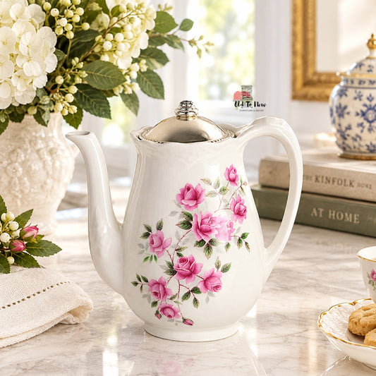 Vintage Enoch Wedgwood Tunstall Pink Rose Coffee Pot with Silverplate Lid – English Cottagecore Teapot