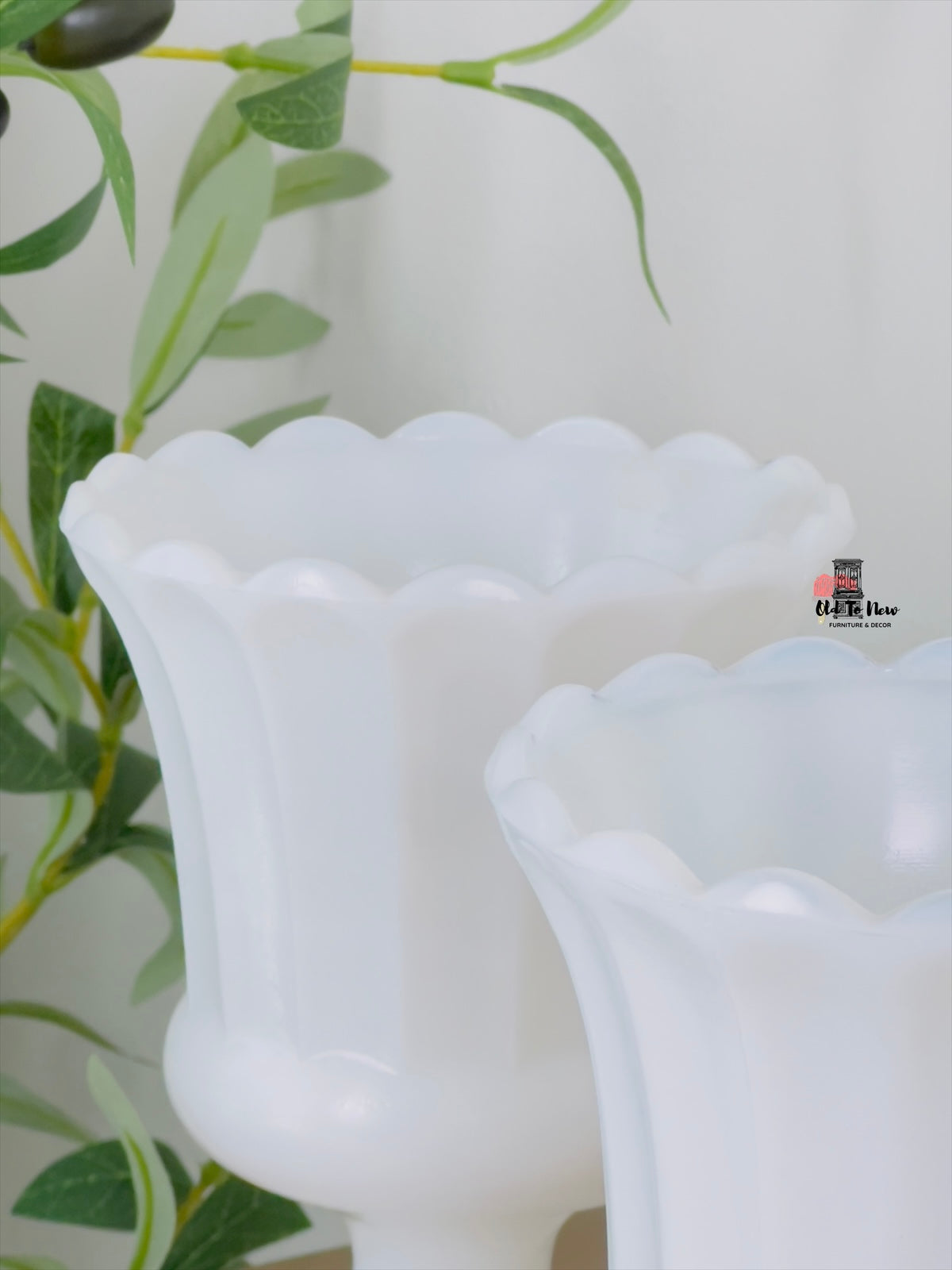 Vintage (Set of 2) Milk Glass Pedestal Vases – Scalloped Edge Mid-Century Home Decor, Hazel-Atlas Glass.
