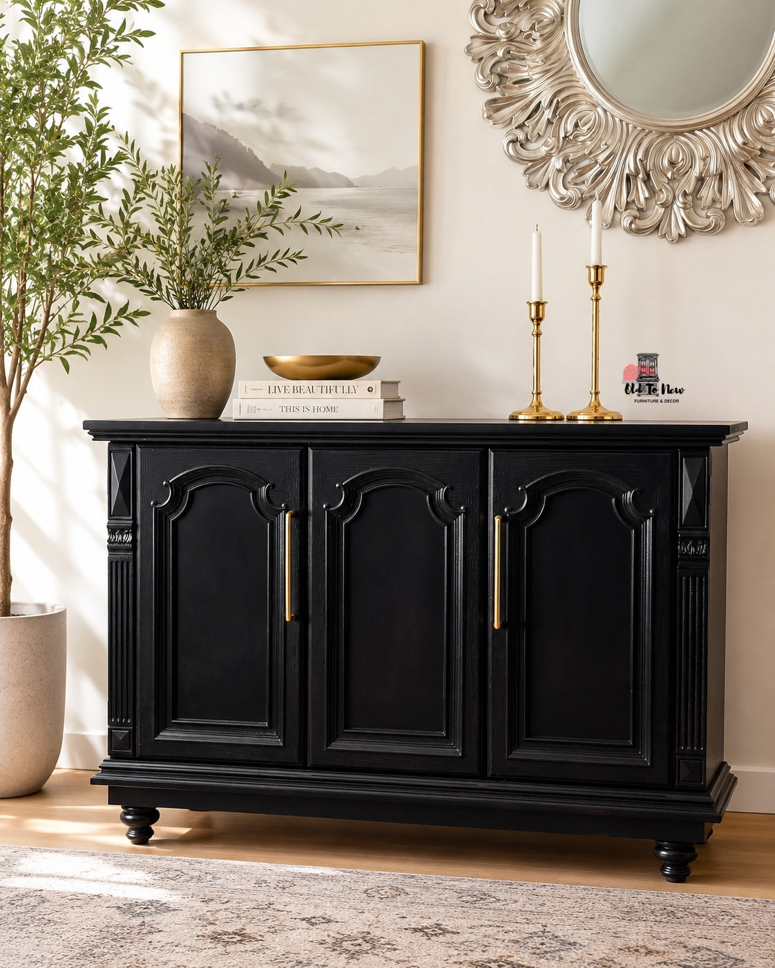 Restyled Vintage Black Sideboard with Gold Hardware | Elegant Storage Cabinet