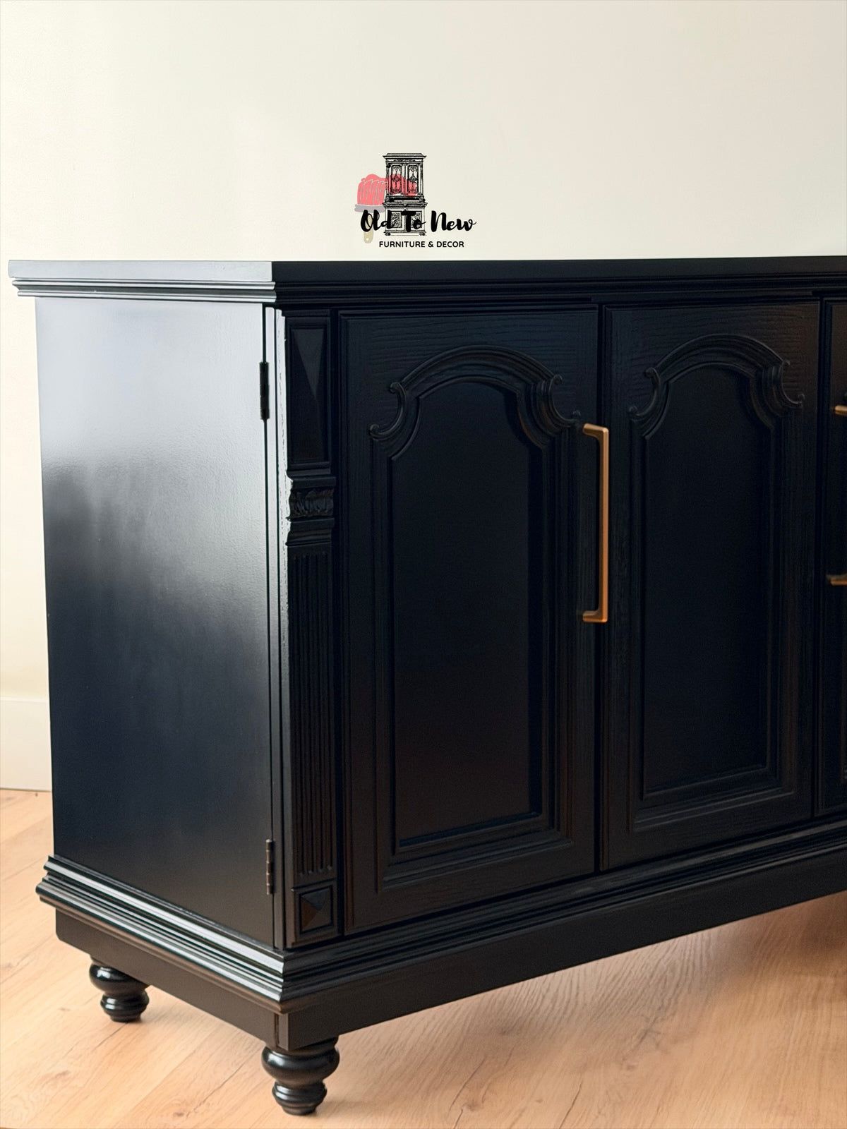 Restyled Vintage Black Sideboard with Gold Hardware | Elegant Storage Cabinet