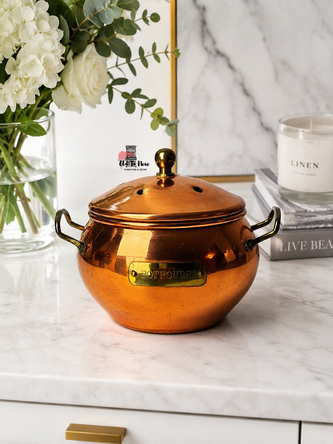 Vintage Copper Potpourri Pot With Brass Handles and Vented Lid
