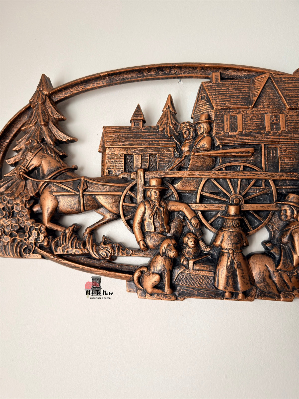 Vintage Copper-Tone Cast Metal Wall Plaque with Colonial Scene