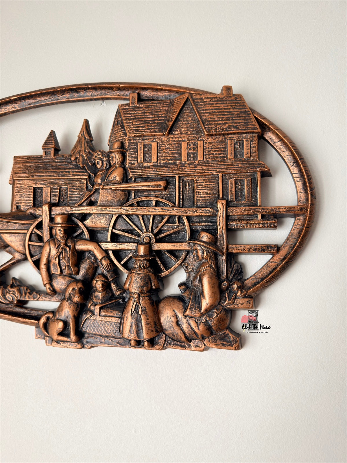 Vintage Copper-Tone Cast Metal Wall Plaque with Colonial Scene