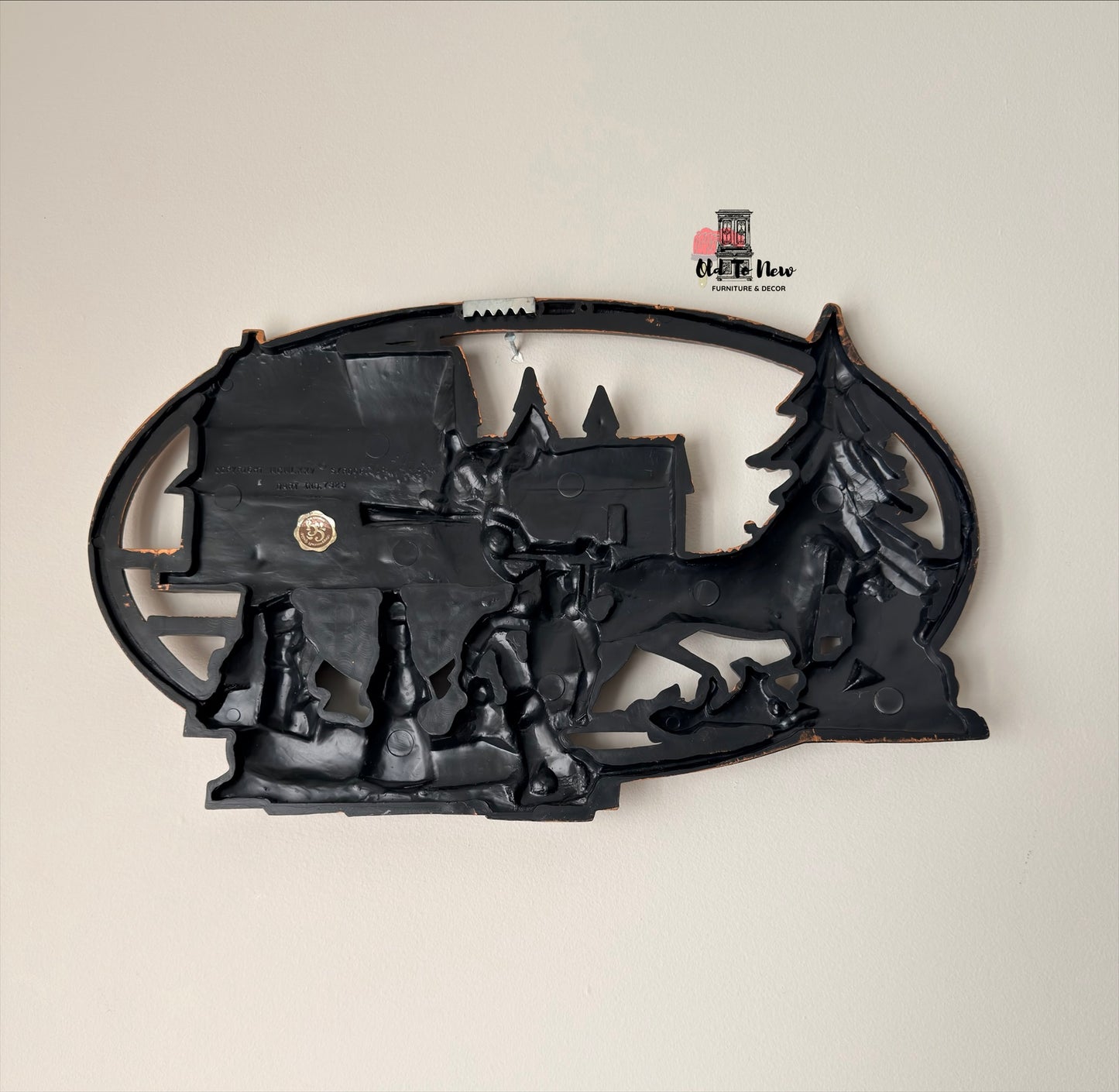 Vintage Copper-Tone Cast Metal Wall Plaque with Colonial Scene