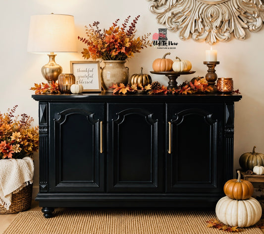Restyled Vintage Black Sideboard with Gold Hardware | Elegant Storage Cabinet