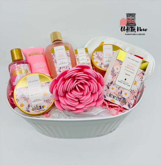 Deluxe Pink Daisy Dream & Magnolia Spa Gift Basket | Old to New Furniture & Decor, Pink and Gold Designer Spa Gift Basket, Magnolia Dream Gift Set, Mothers Day Gift, Birthday Gift, Anniversary Gift, Housewarming Gift, Hostess Gift, Get Well Soon Gift, A Gift for Her