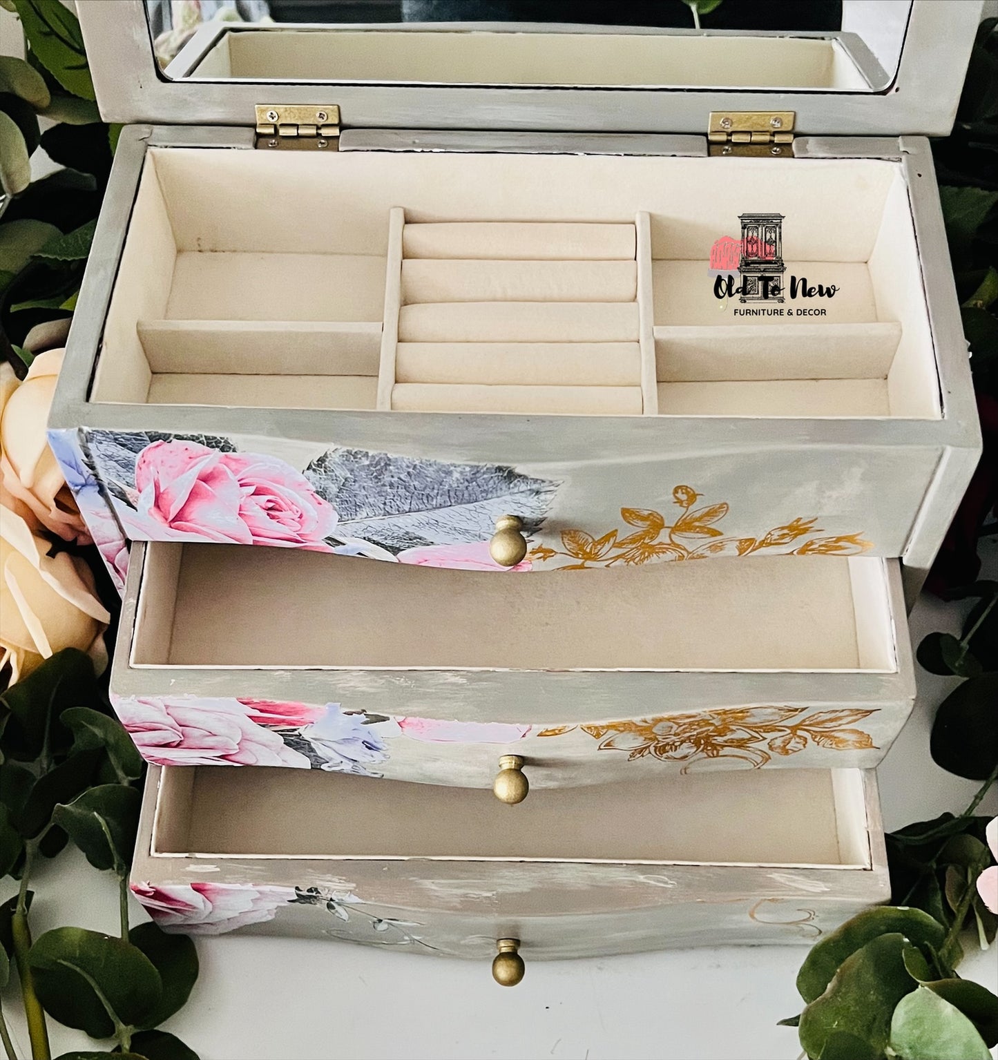 Modern Refinished Scroll Print & beautiful flower Jewelry Box