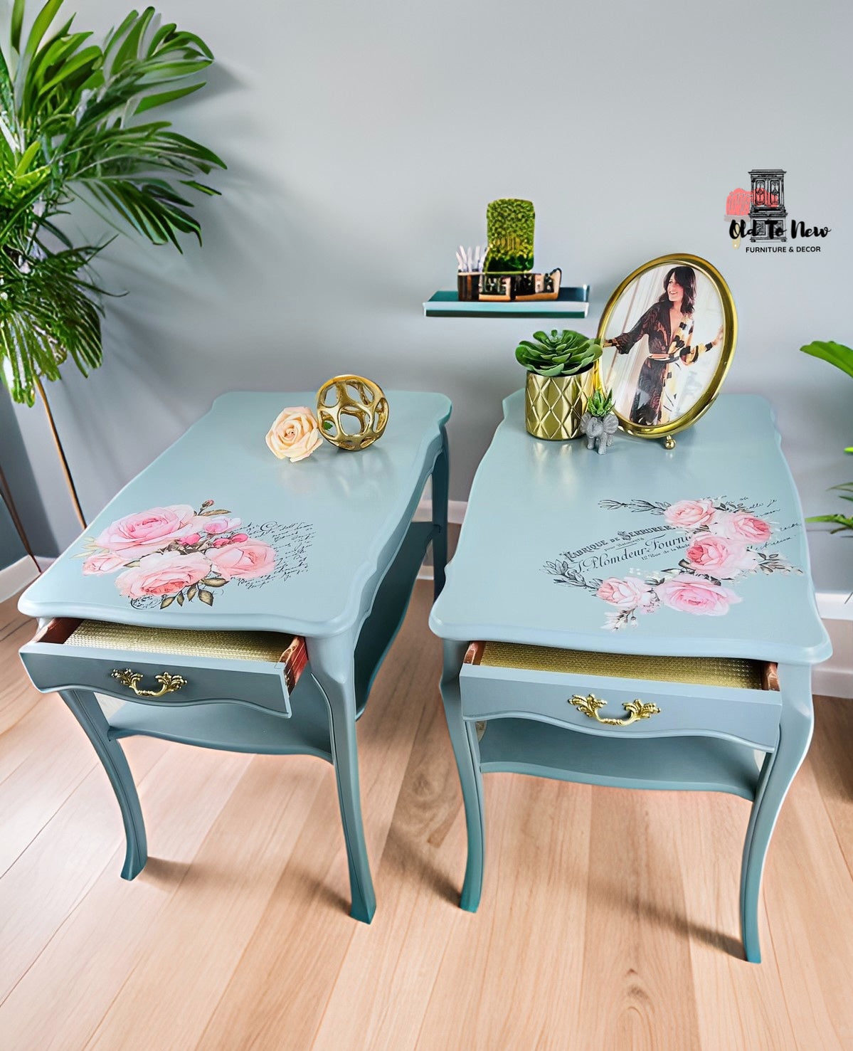 Powder Blue French Provincial Designer End Tables Painted with Fusion Mineral Paint & Hokus Pokus Transfer