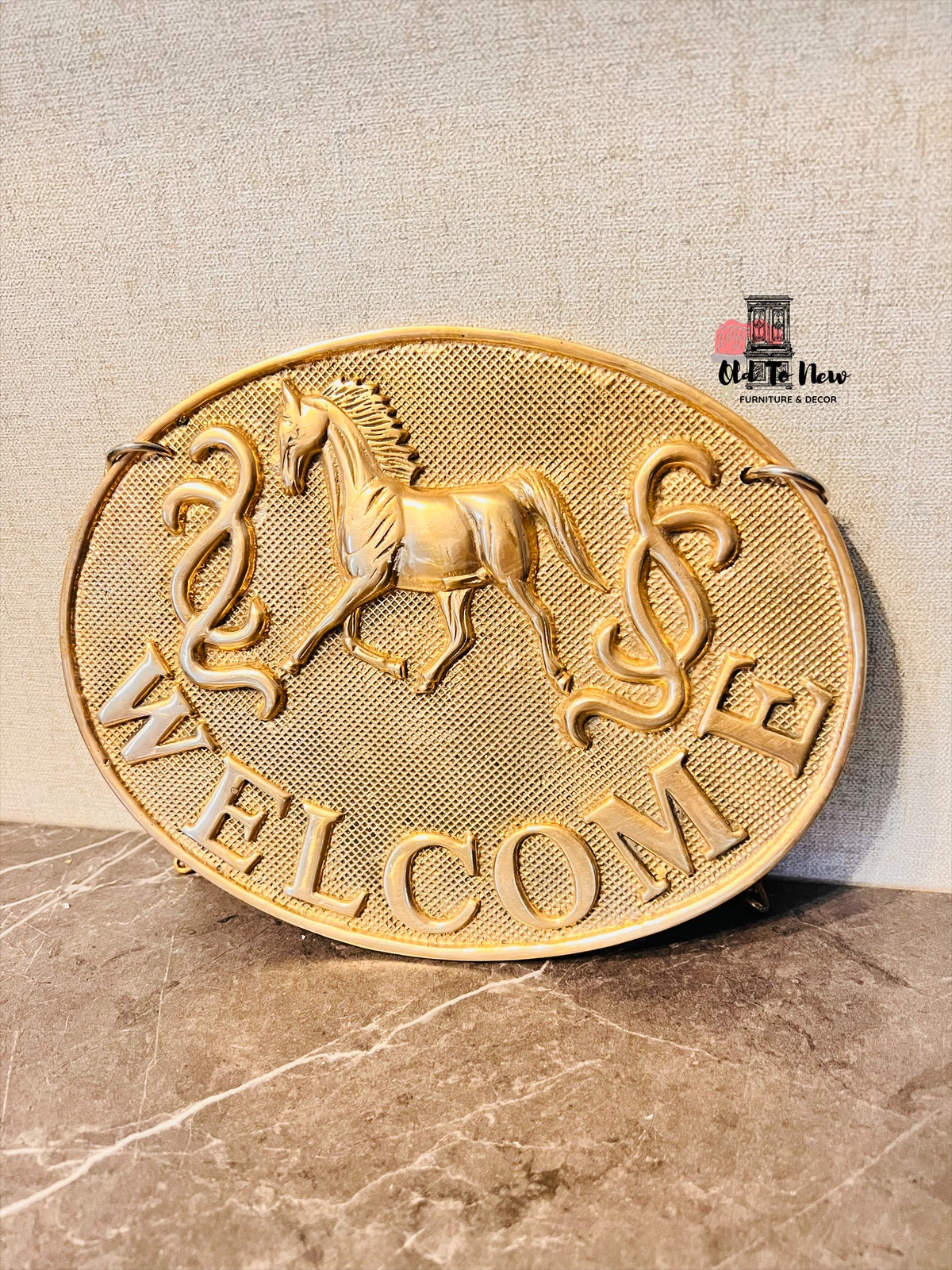 Brass Antique Welcome Sign with a Trotting Horse