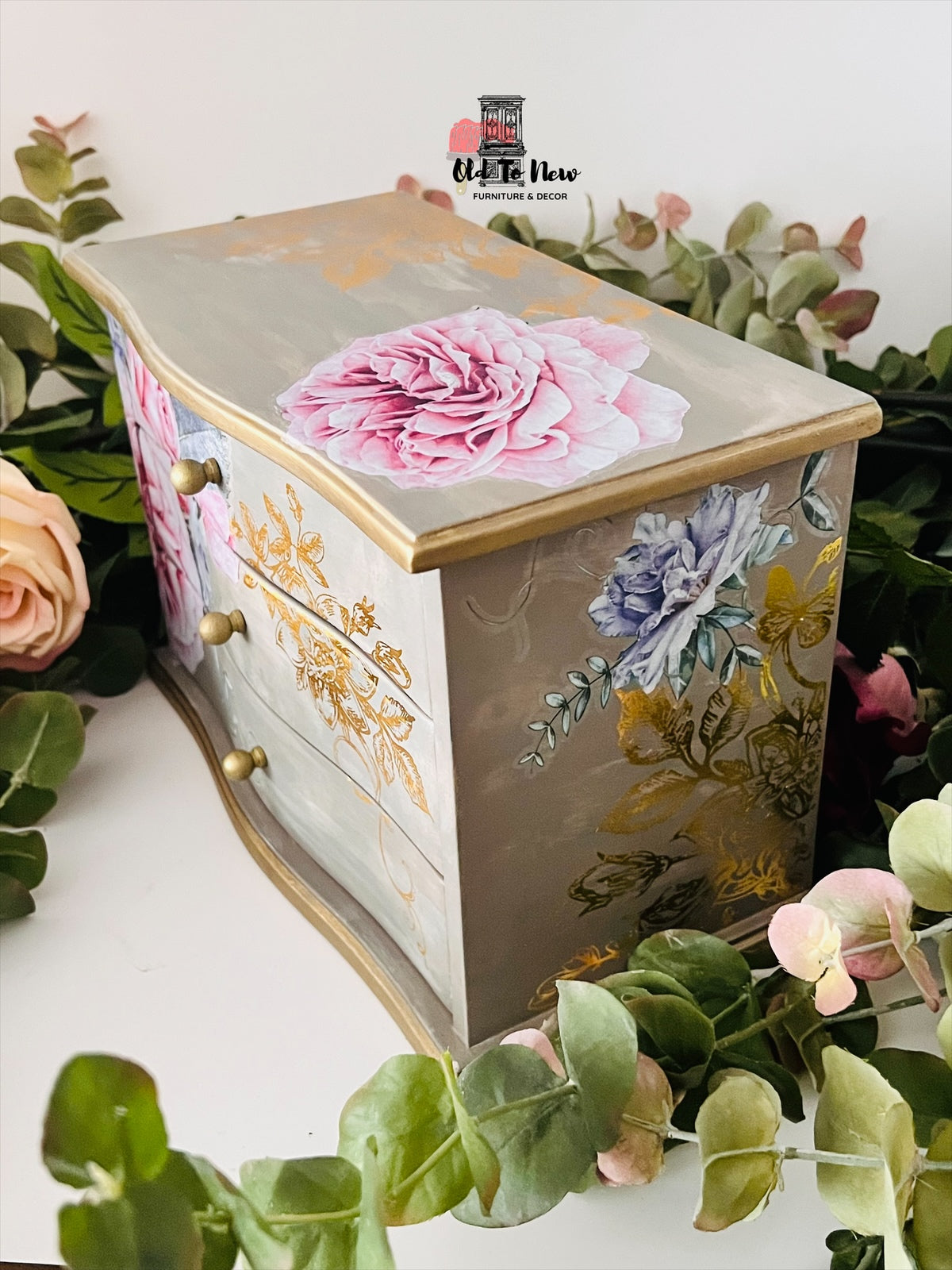 Modern Refinished Scroll Print & beautiful flower Jewelry Box