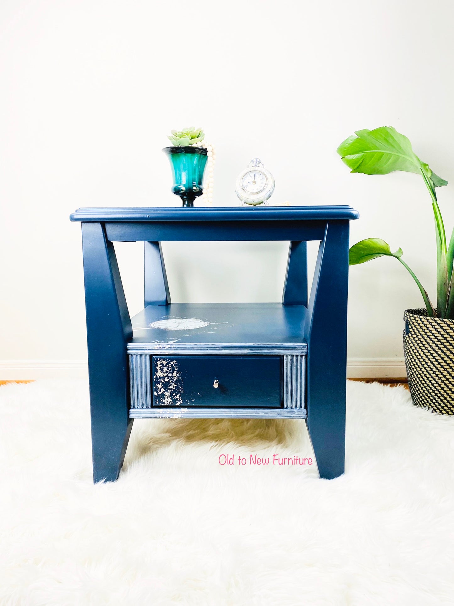 Stunning Blue End Table With Glass Top Painted With Fusion Mineral Paint
