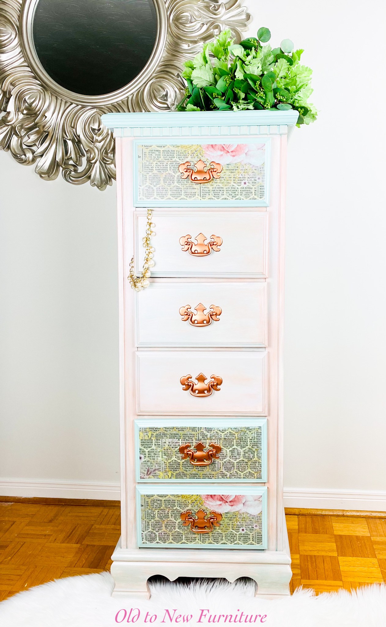 Gorgeous 6 Drawer Lingerie Chest Painted a combination of Pink & Teal colors with Decoupage Paper