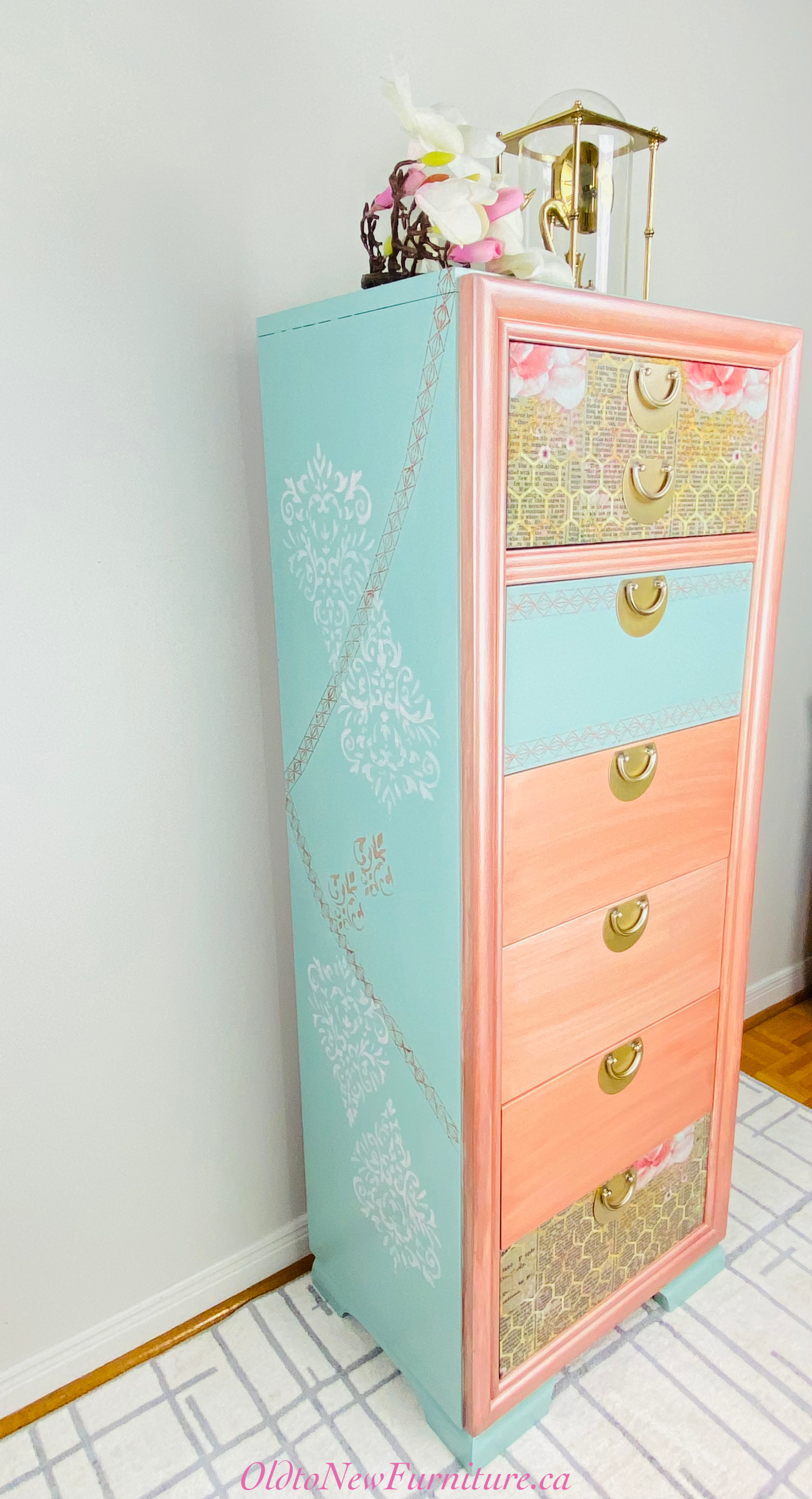 Gorgeous Kroehler Canada Antique 6 Drawer Lingerie Dresser Painted Teal with Metallic Copper, Pink Tones and Decoupaged.