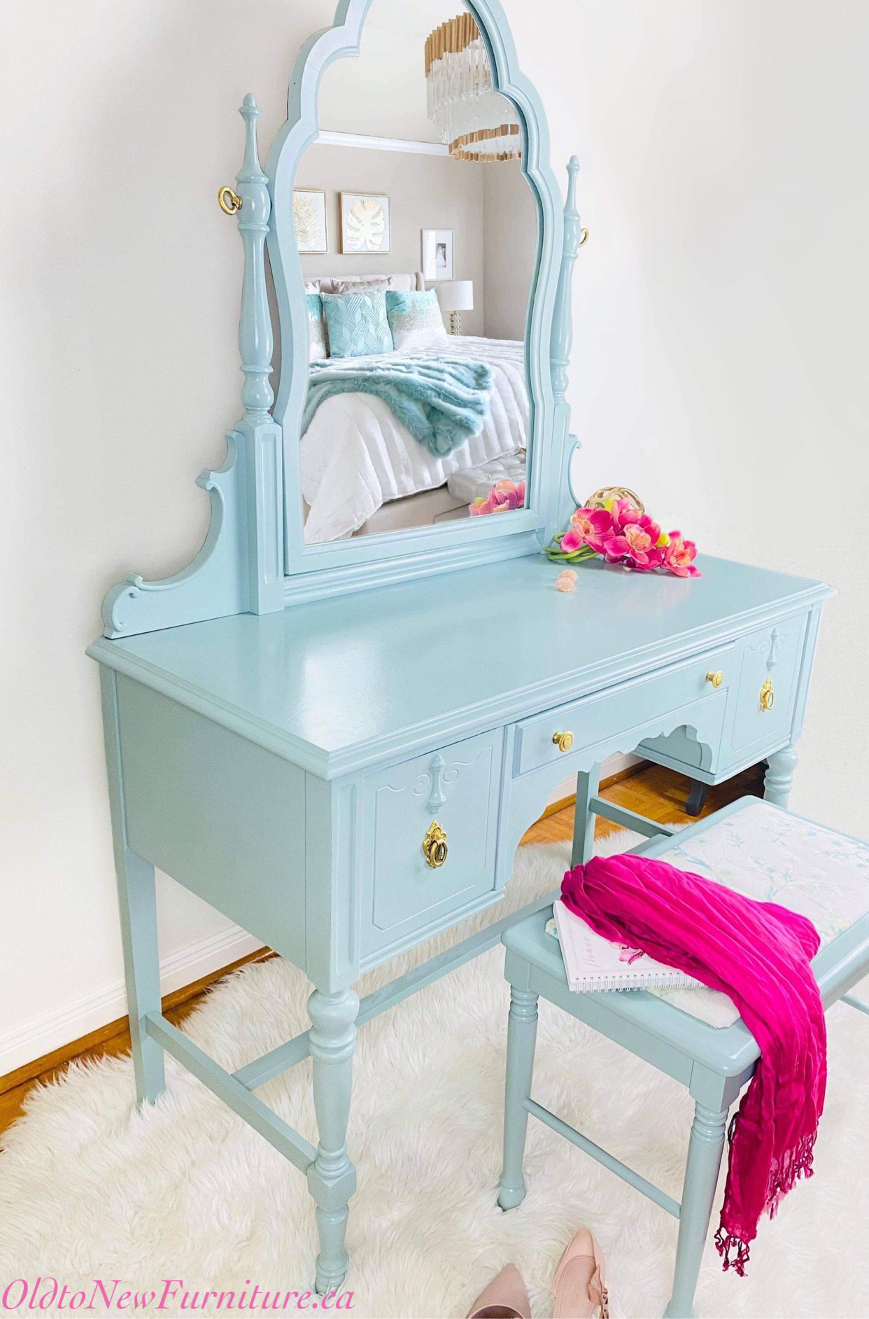 Custom Refinished Antique Makeup Vanity Painted Blue With Fusion Mineral Paint