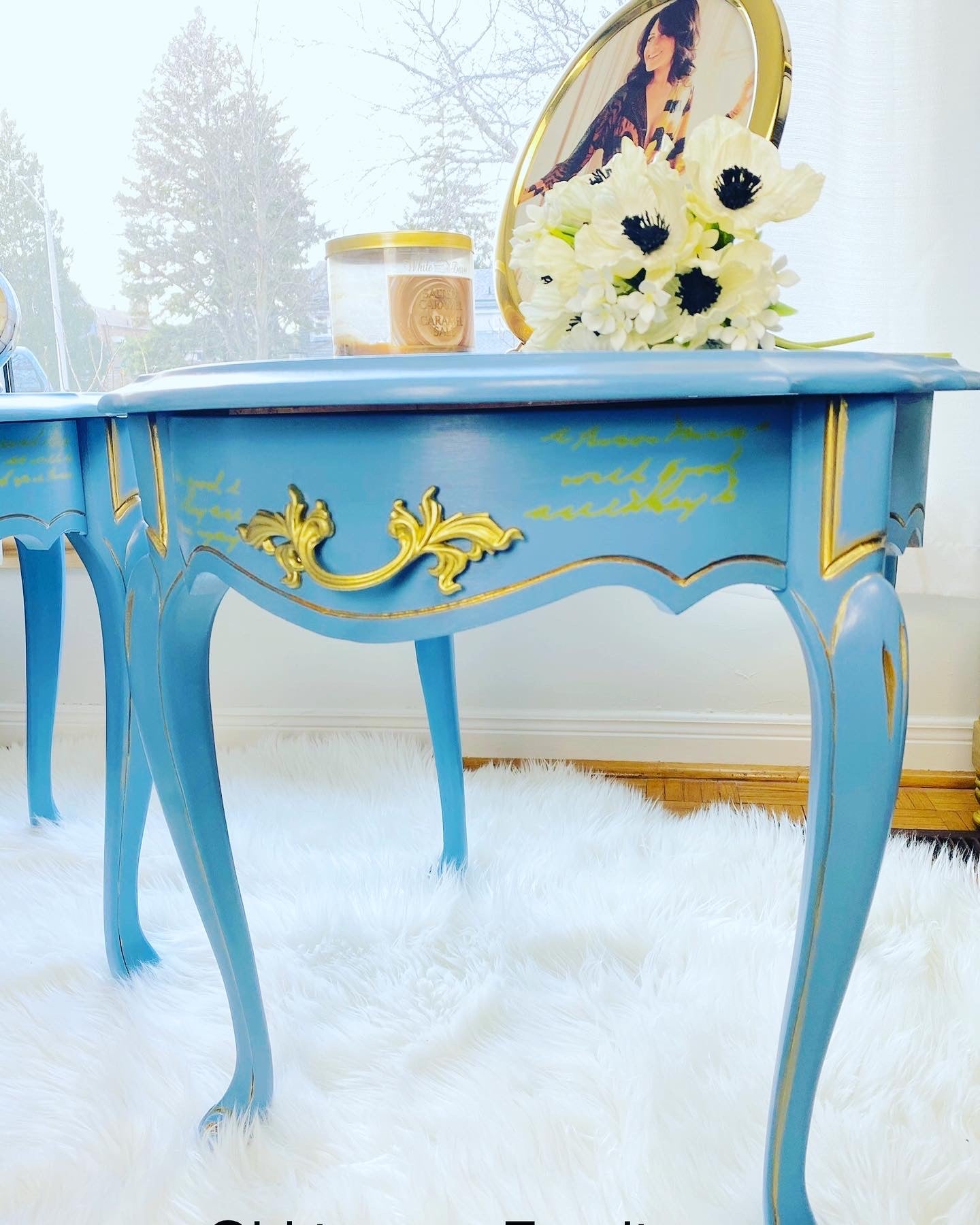 Oval French Provincial Antique End Tables Painted Soft Delicate Blue Color