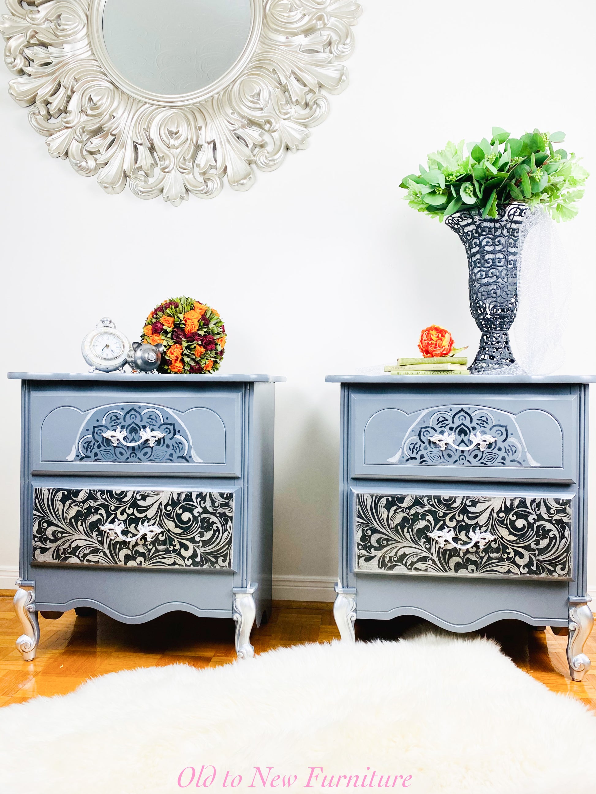 Exclusive Scroll Print Decoupage Grey French Provincial Nightstands