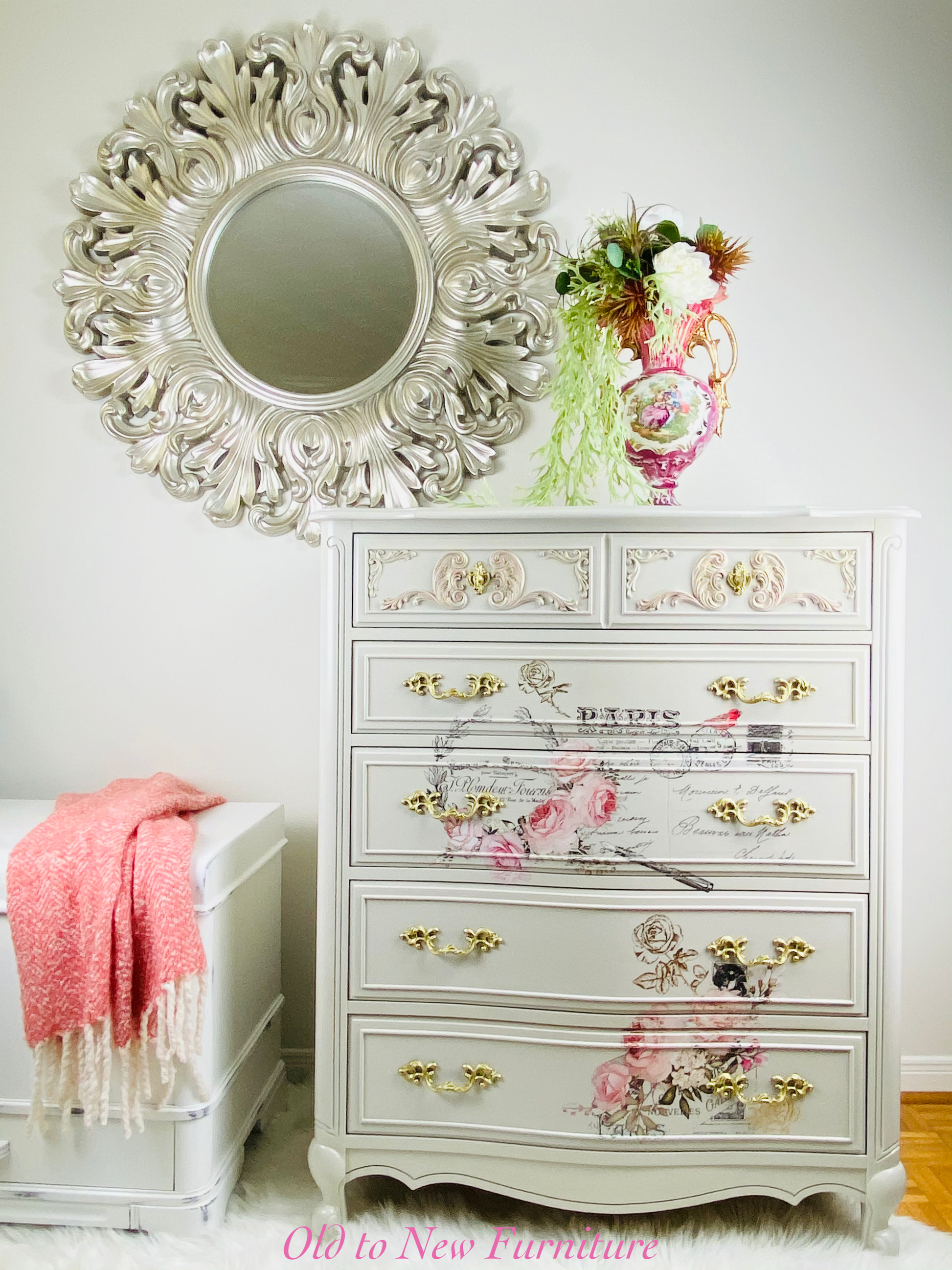 Spectacular 5 Drawer French Provincial Armoire Dresser With Floral Transfer