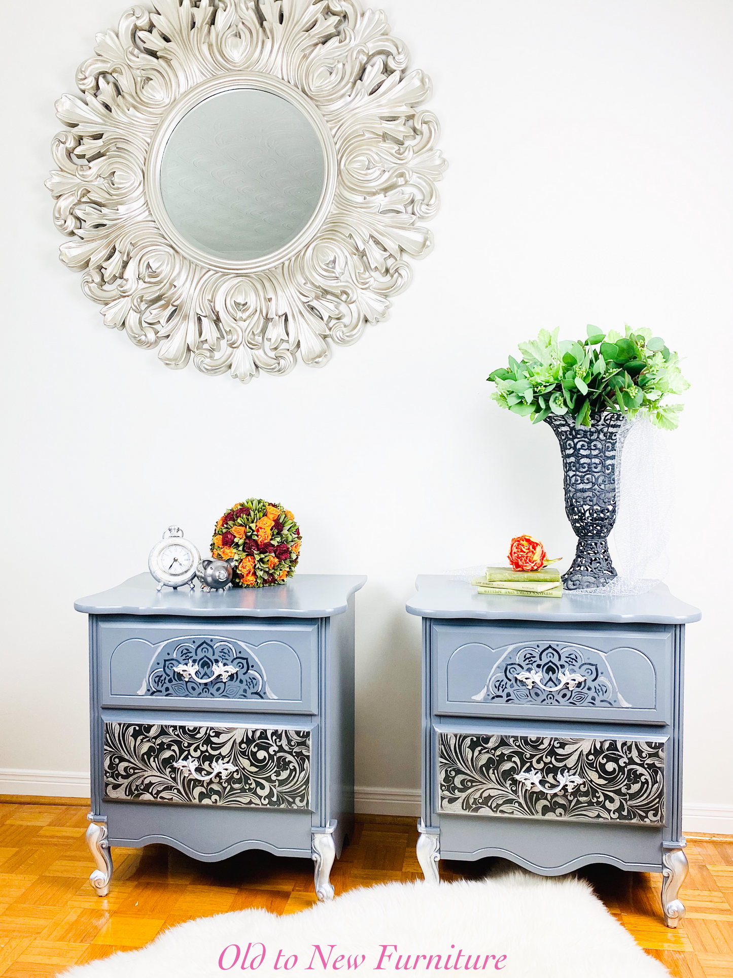 Exclusive Scroll Print Decoupage Grey French Provincial Nightstands With Stencilled Print