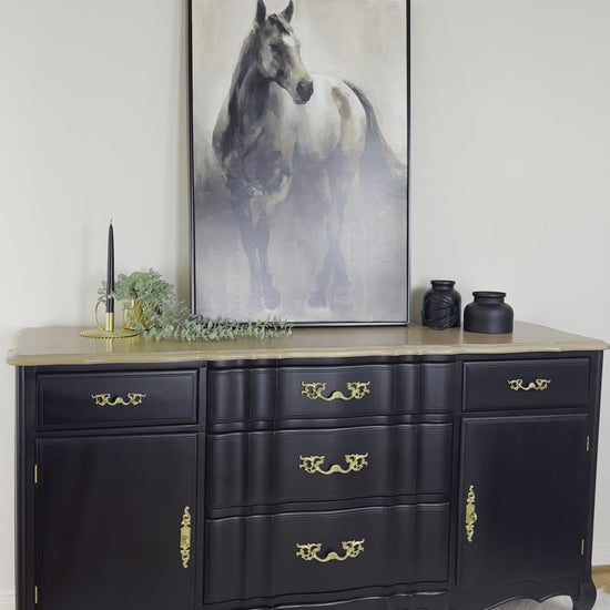 Black & Gold French Provincial Sideboard buffet, Coal Black Fusion Mineral Paint, Old to New Furniture & Decor