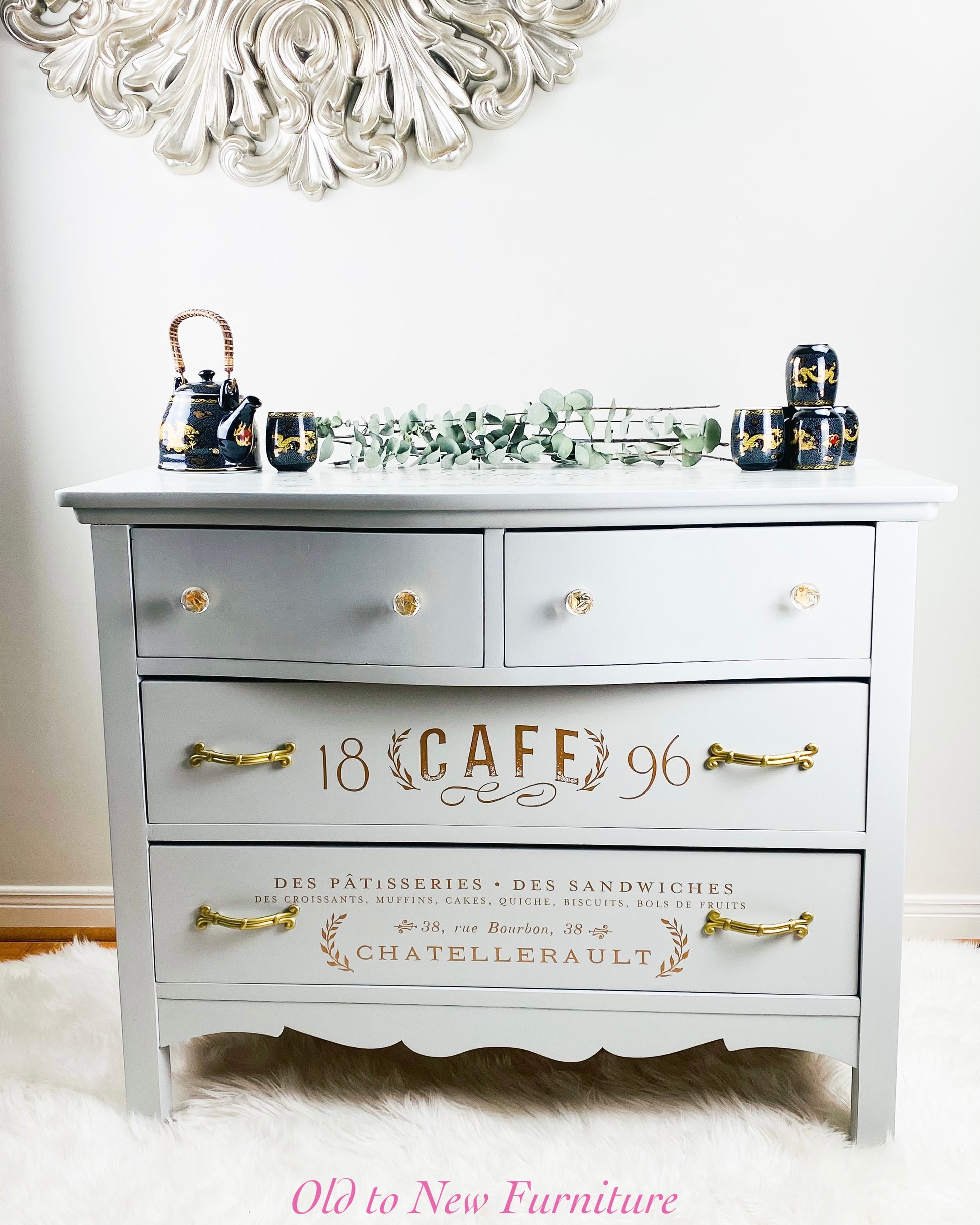 Fabulous Antique Sideboard Painted Light Grey With Gold Scrip Details