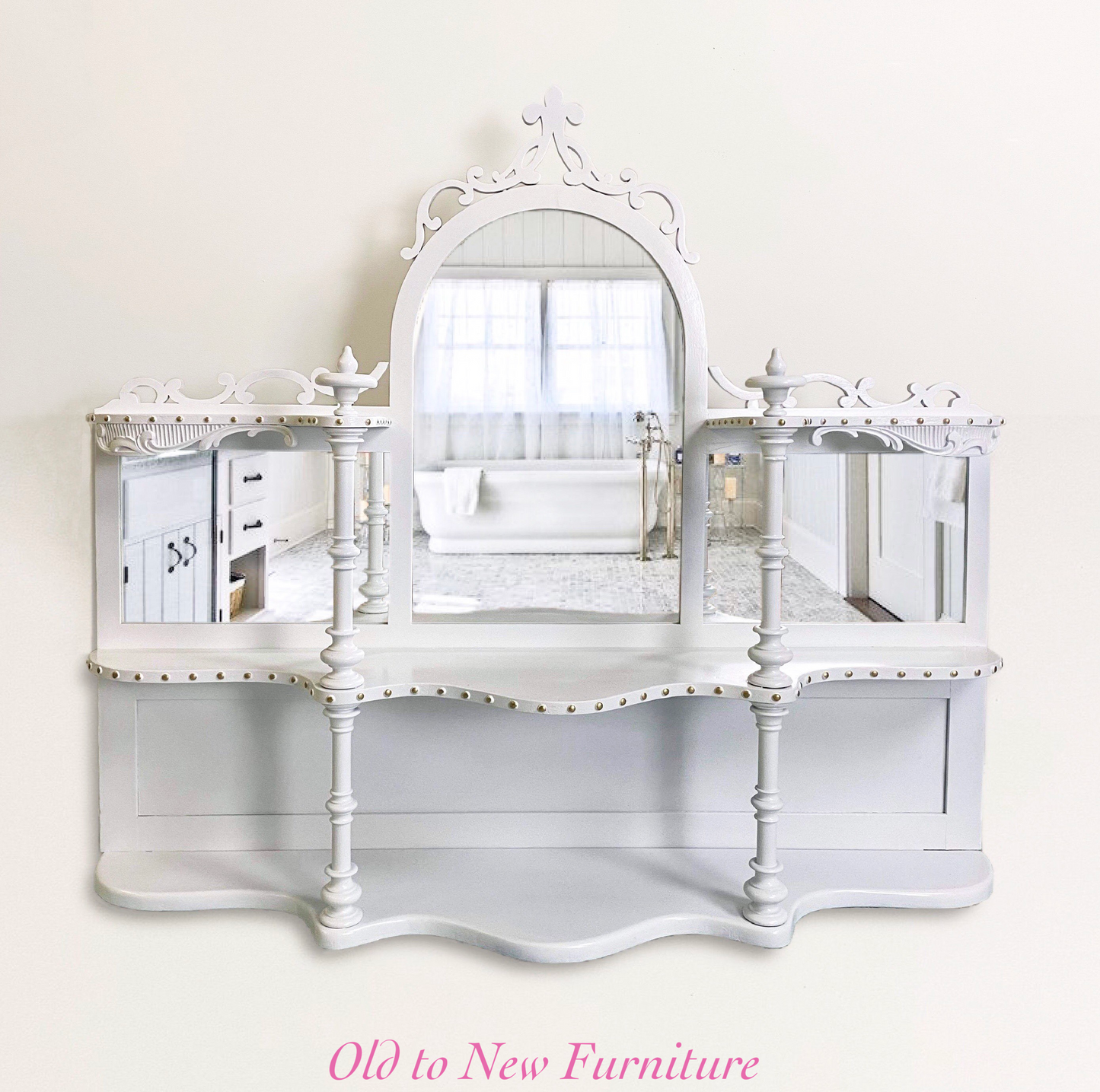 Antique Mirror Storage Shelf Painted White and Gold With Fusion Mineral Paint Picket Fence