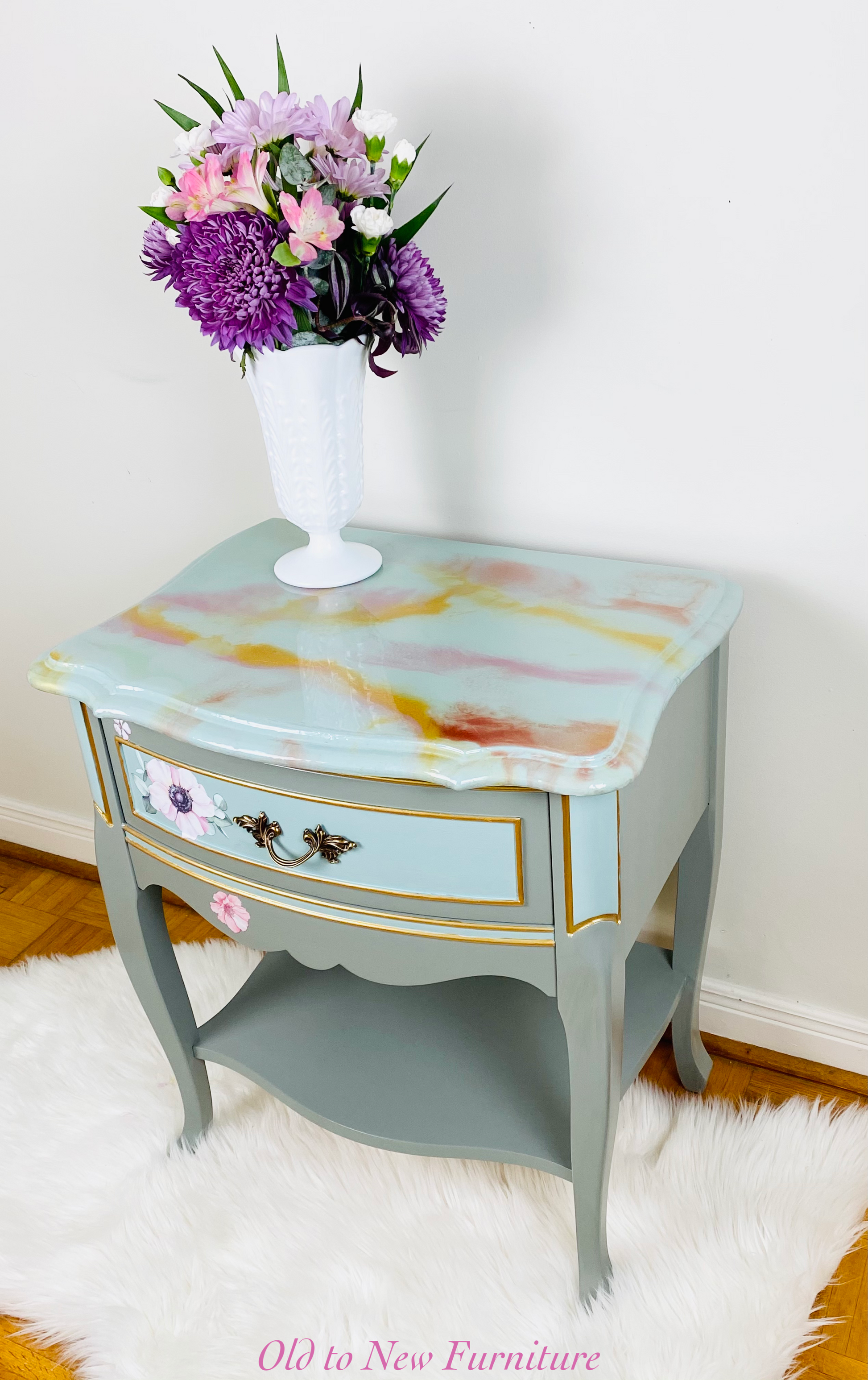 Stunning Marbled Epoxy Top French Provincial End Table Painted with Gold & Flower Accents