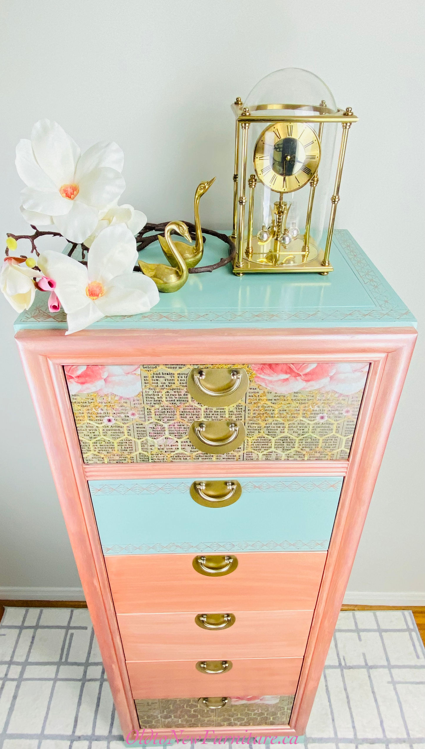 Gorgeous Kroehler Canada Antique 6 Drawer Lingerie Dresser Painted Teal with Metallic Copper, Pink Tones and Decoupaged.