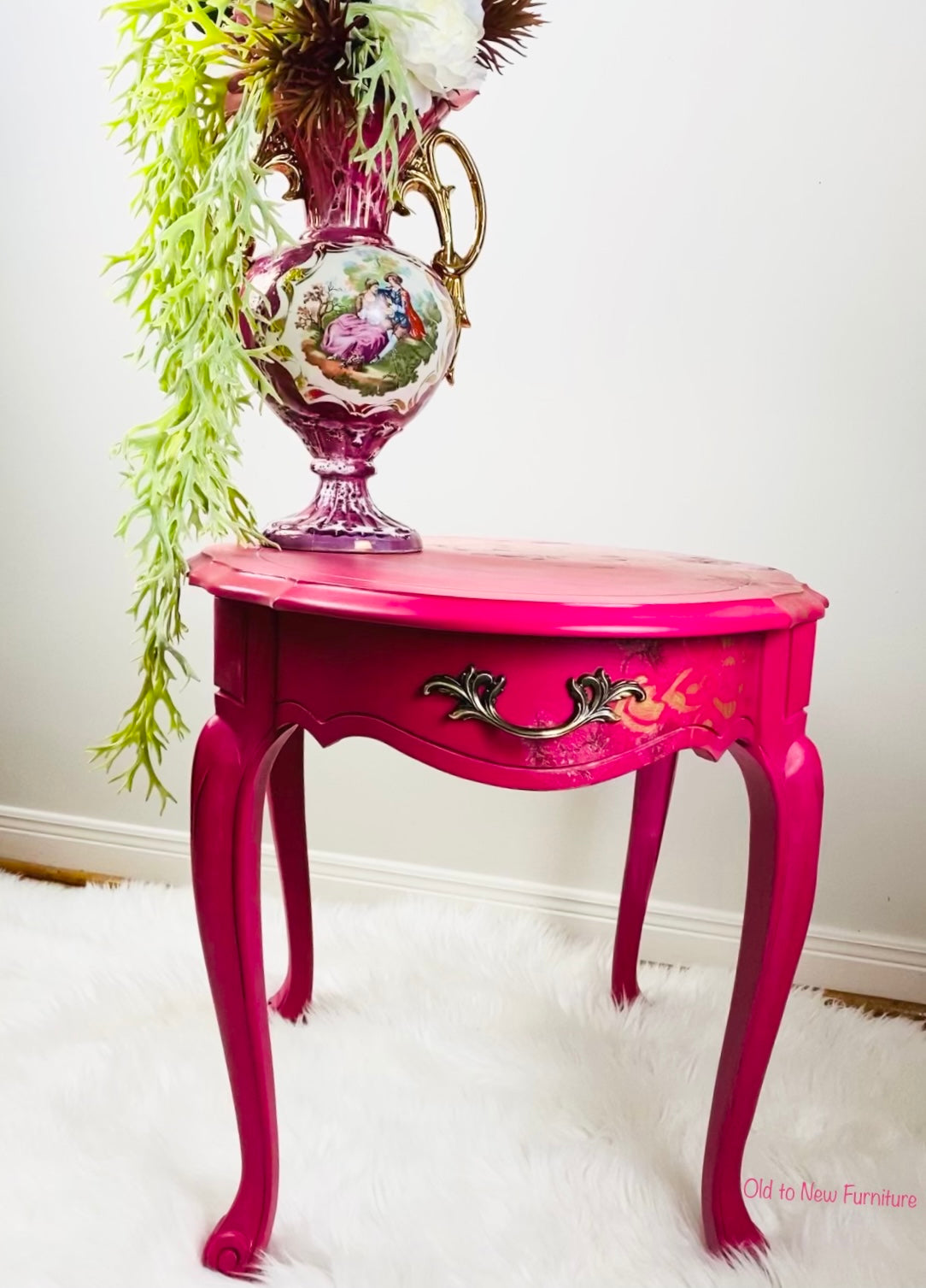 Eclectic French Provincial Oval End Table Painted with Capri Pink With Annie Sloan Paint
