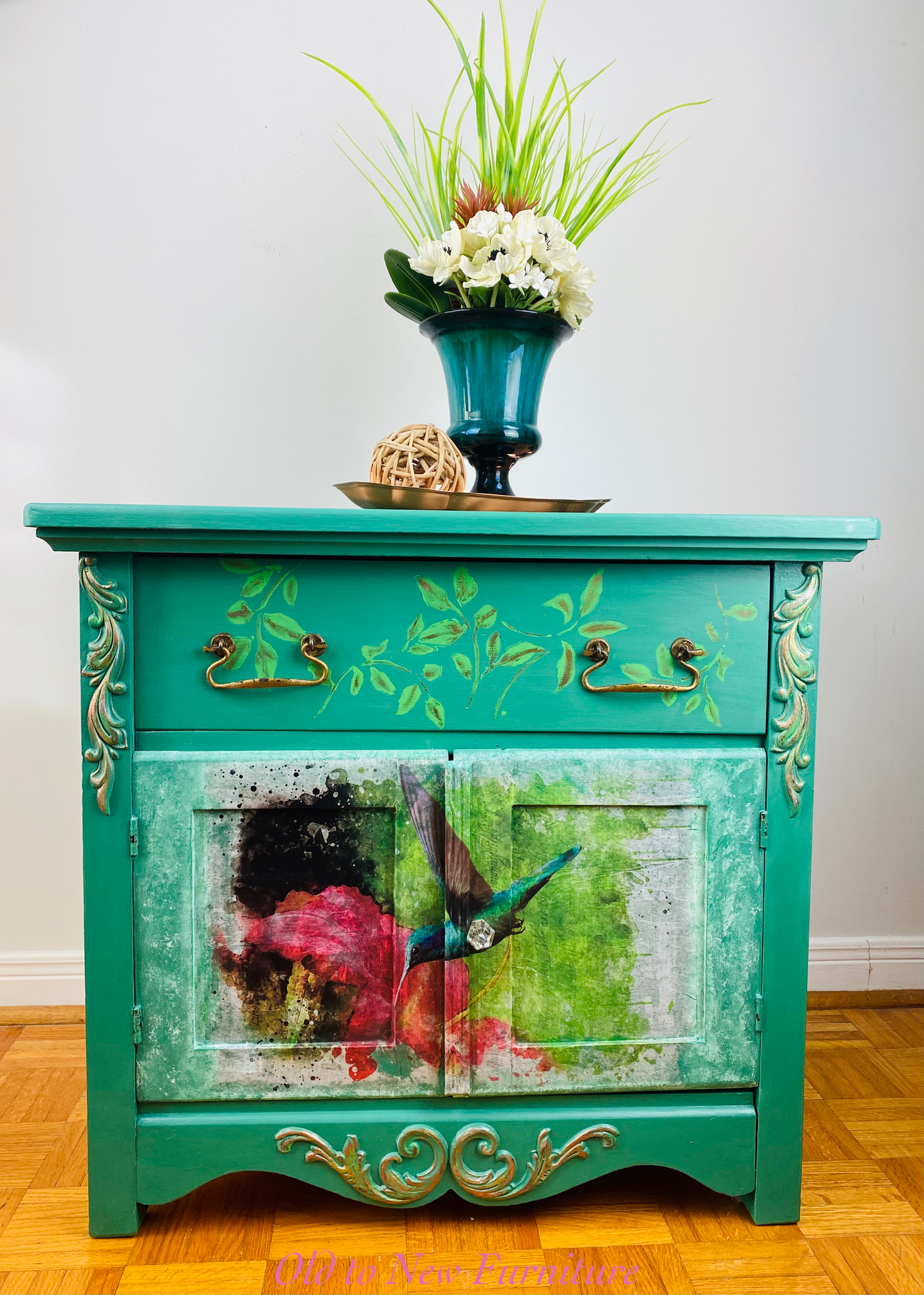 Emerald Green Antique Washstands With Hummingbird Decoupage page