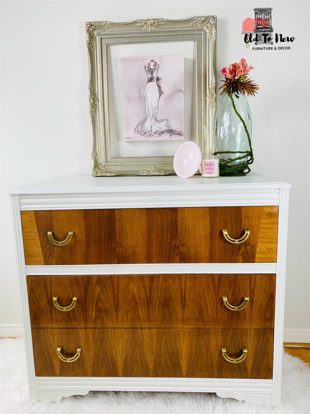 Wood and White Chalk Painted 3 Drawer Dresser
