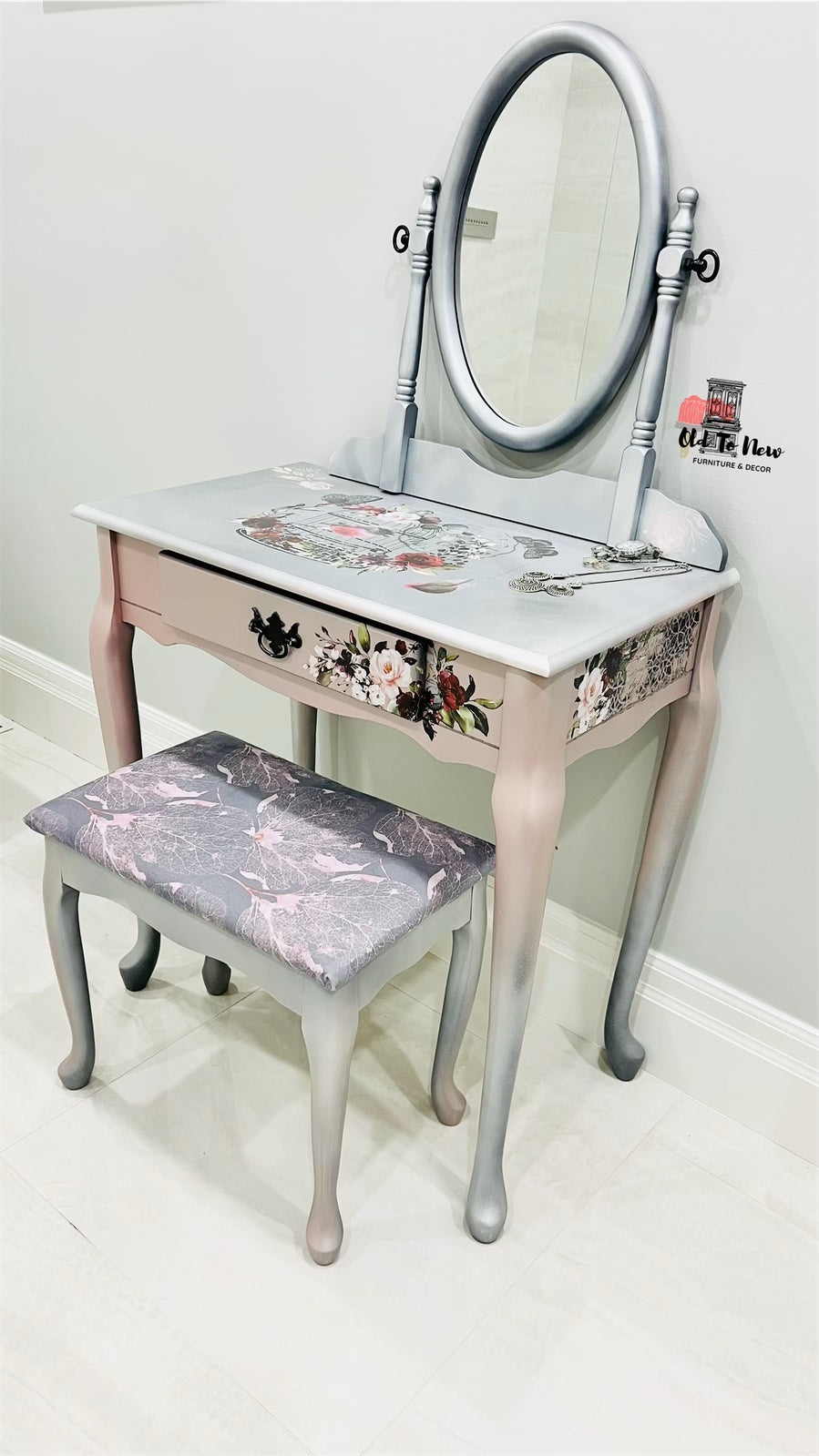 Luxury Vanity Dresser Set with Dressing Table & Stool. Painted a Metallic Sheen with Hokus Pokus Cage a’Oiseaux Transfer.