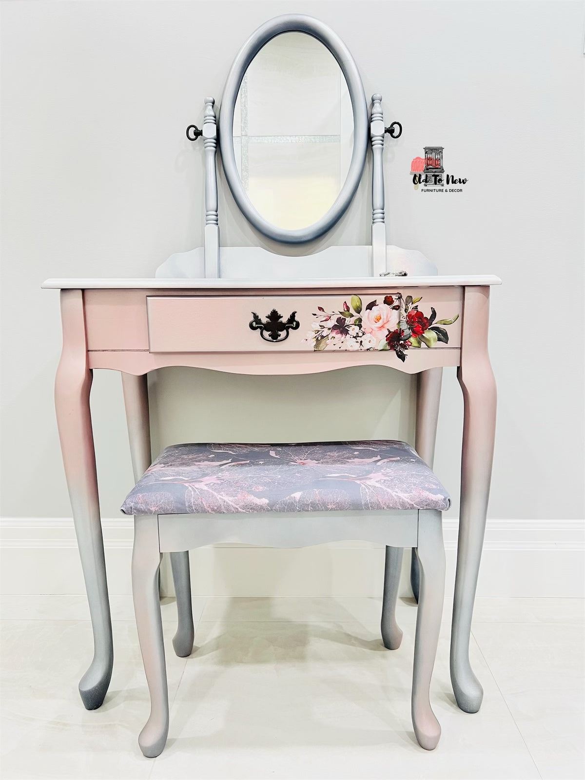 Luxury Vanity Dresser Set with Dressing Table & Stool. Painted a Metallic Sheen with Hokus Pokus Cage a’Oiseaux Transfer.