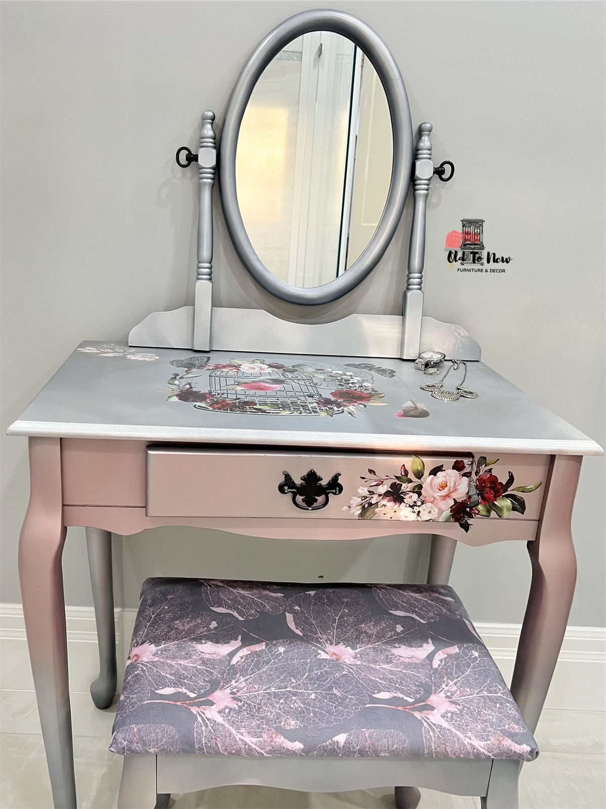 Luxury Vanity Dresser Set with Dressing Table & Stool. Painted a Metallic Sheen with Hokus Pokus Cage a’Oiseaux Transfer.