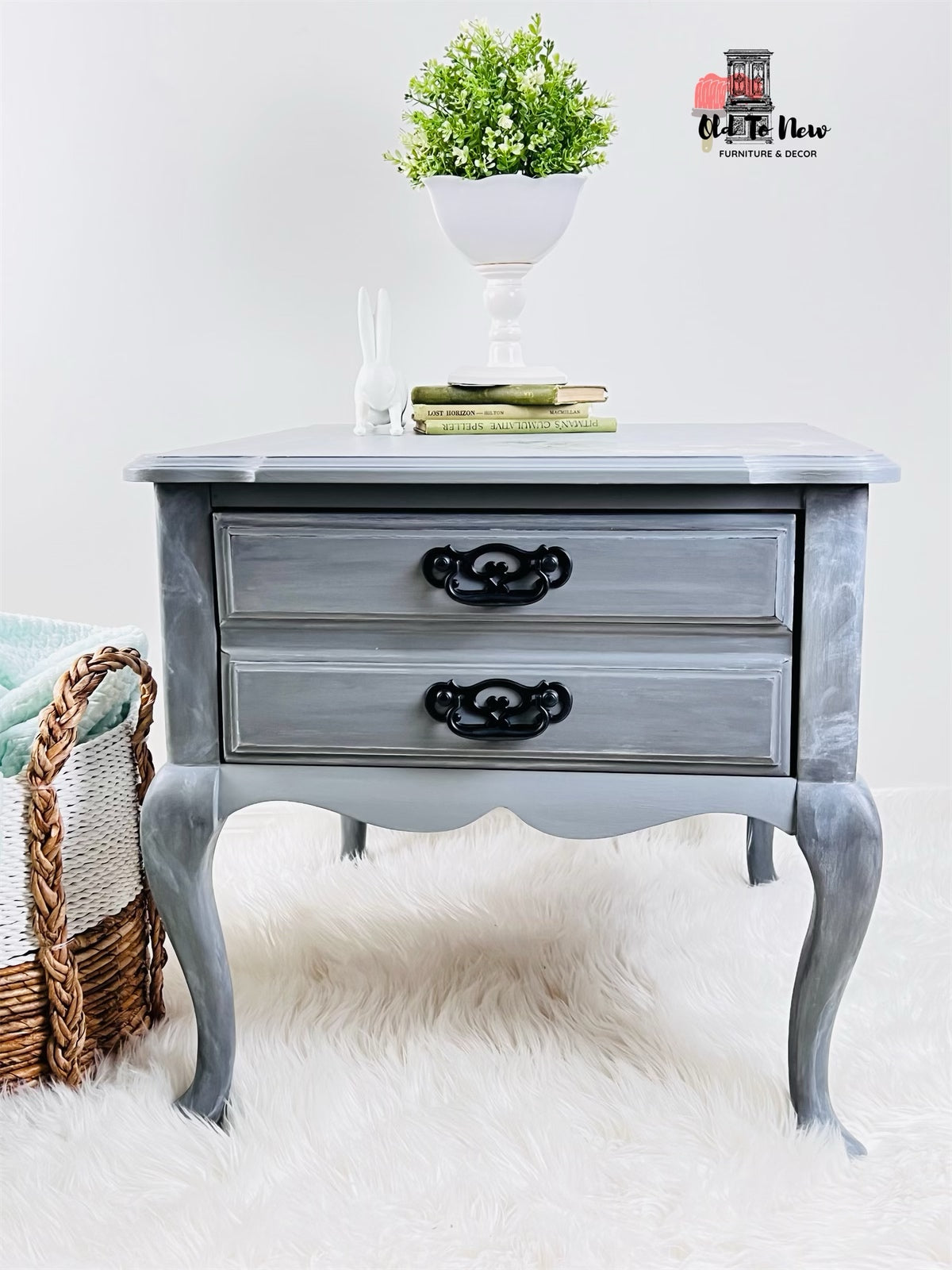 Grey Antique French Provincial End Table with Marbelled Effect and Hokus Pokus Decor Transfer