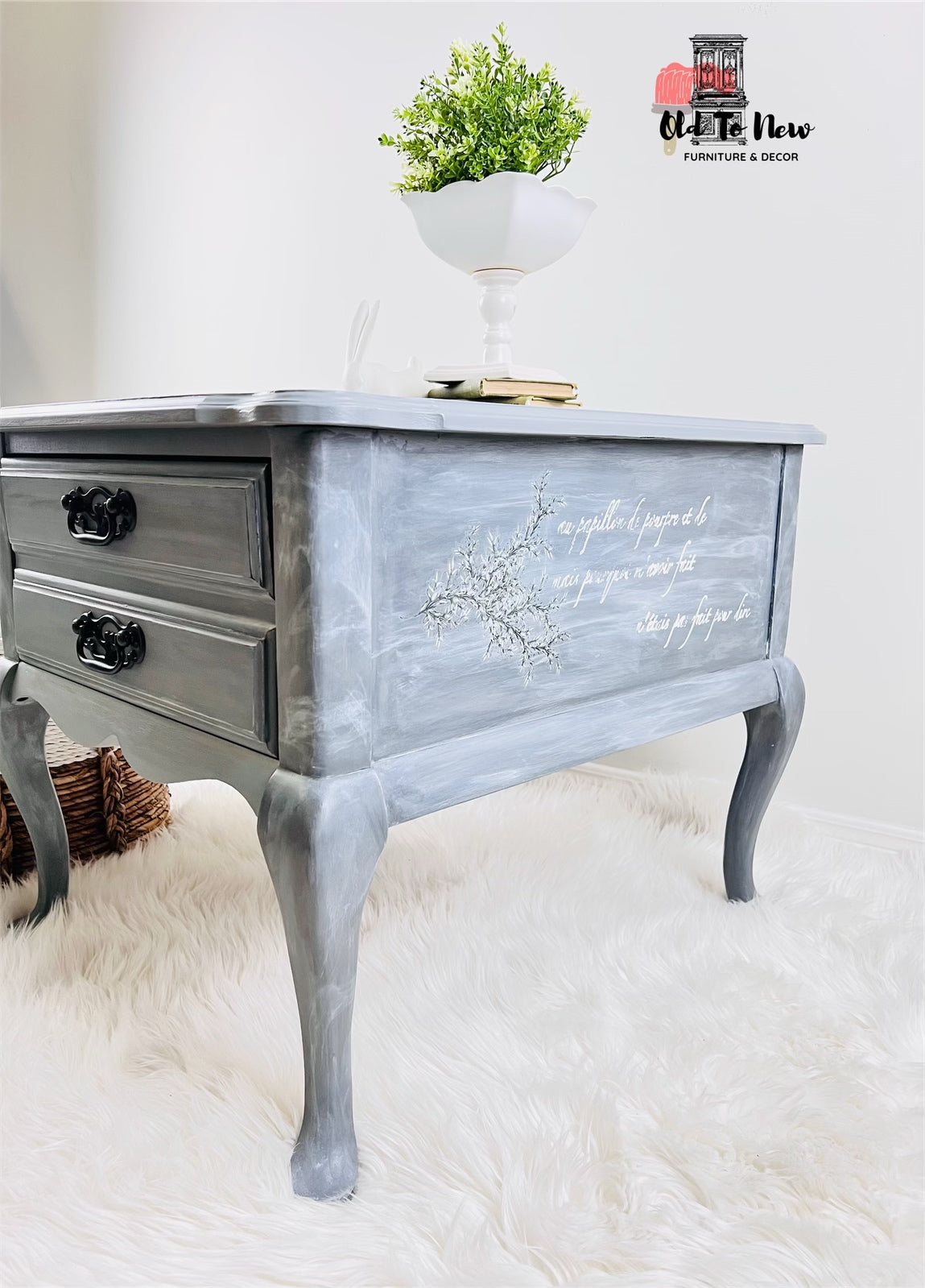 Grey Antique French Provincial End Table with Marbelled Effect and Hokus Pokus Decor Transfer
