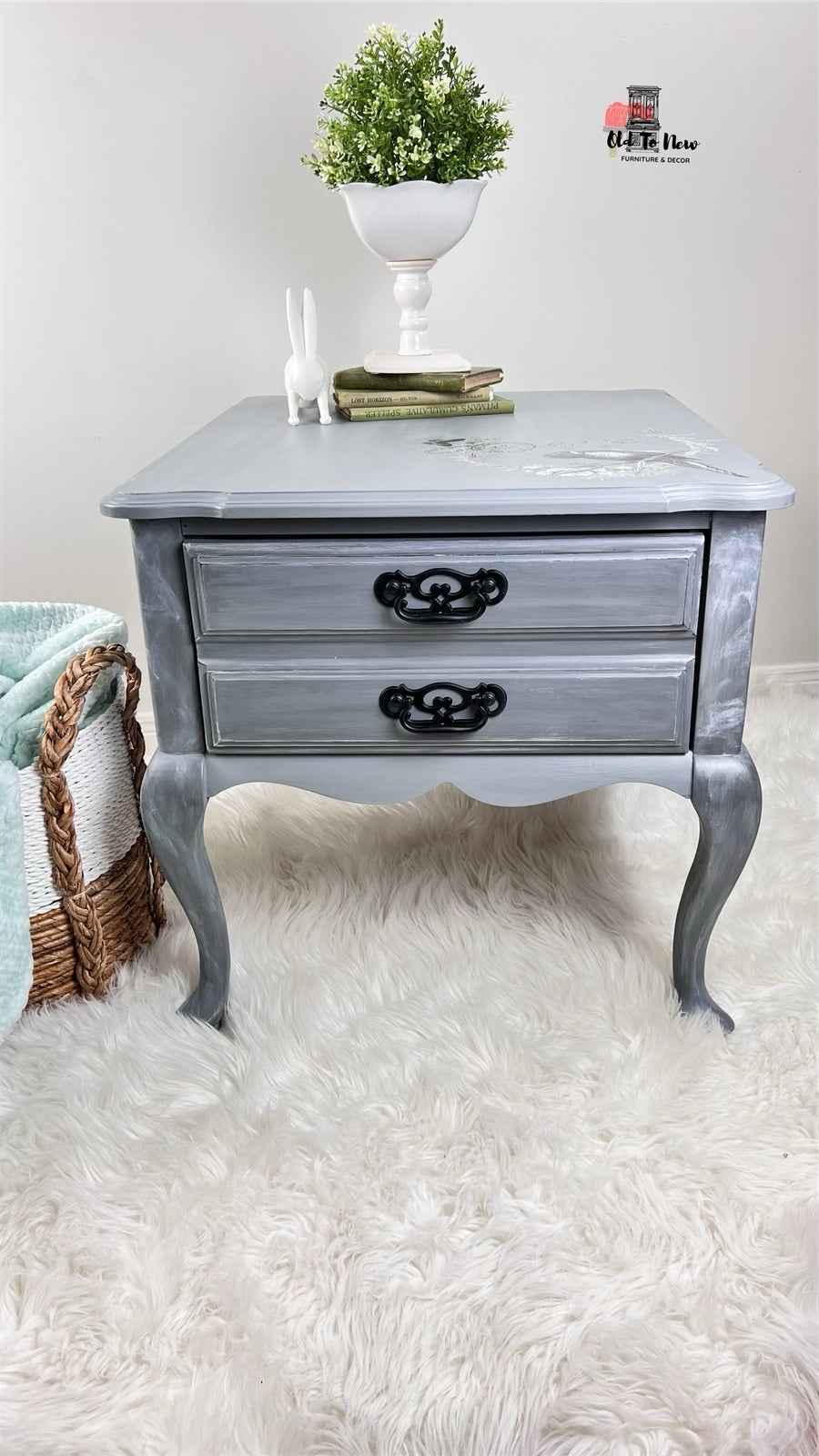 Grey Antique French Provincial End Table with Marbelled Effect and Hokus Pokus Decor Transfer