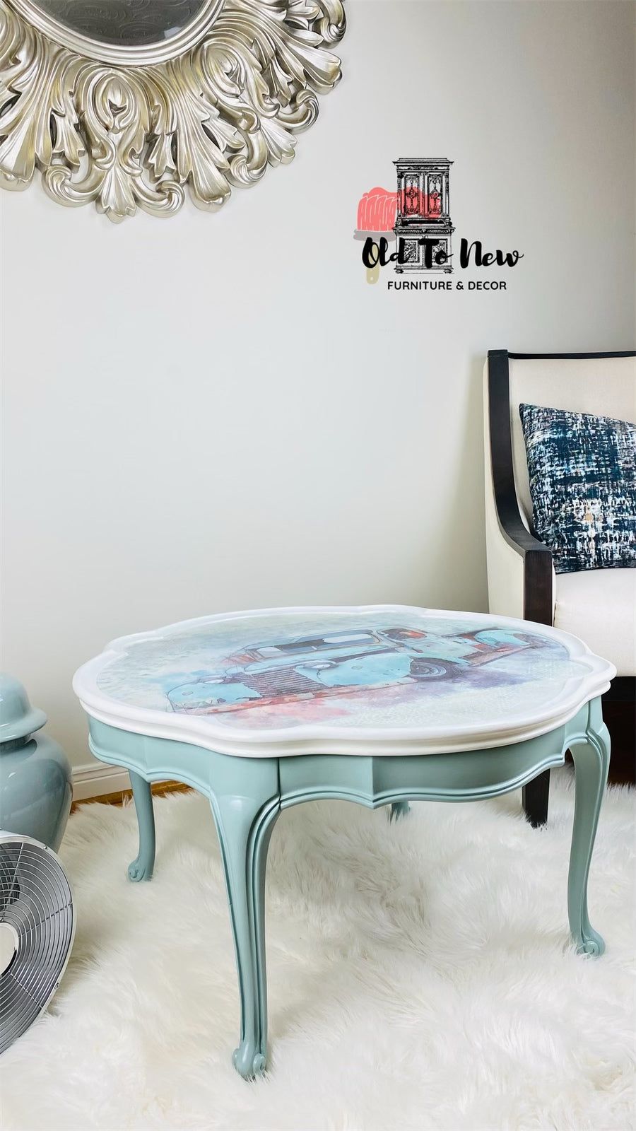 Round French Provincial Center Table, painted white top and mint green sides, classic old car decoupage print on top.